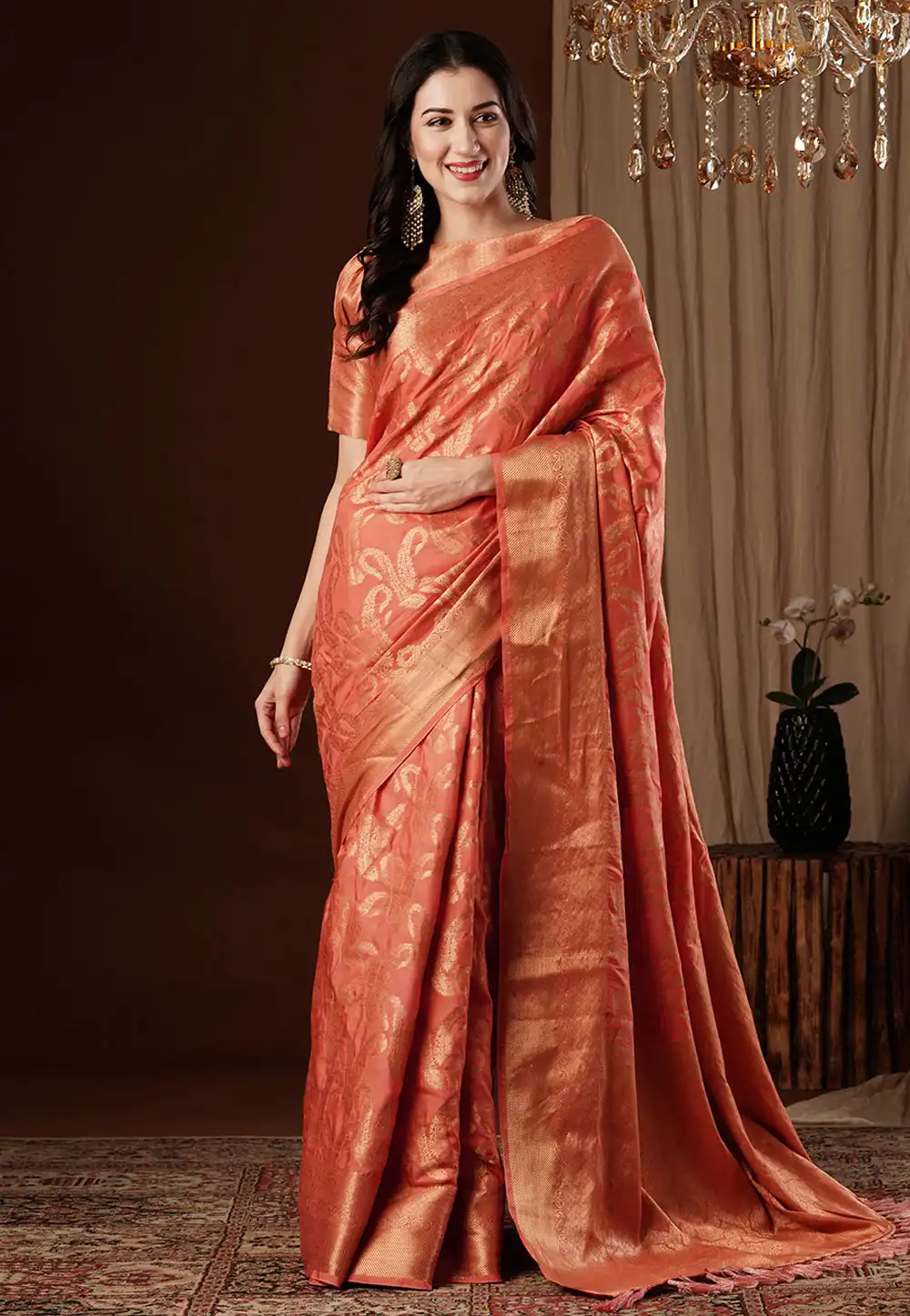 Peach Viscose Saree With Blouse 294685