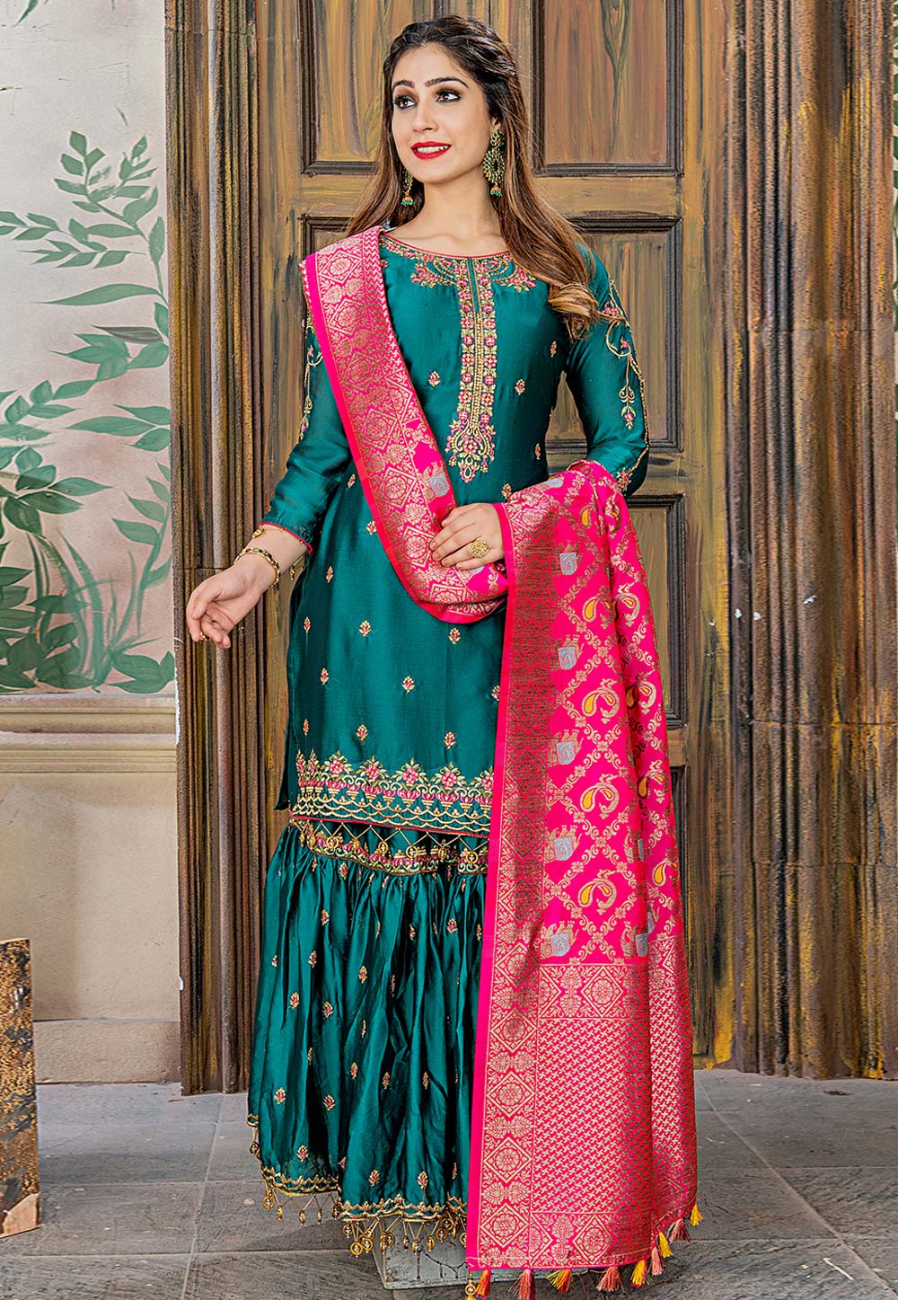 Teal Blue Satin Embroidered Sharara Suit 184117