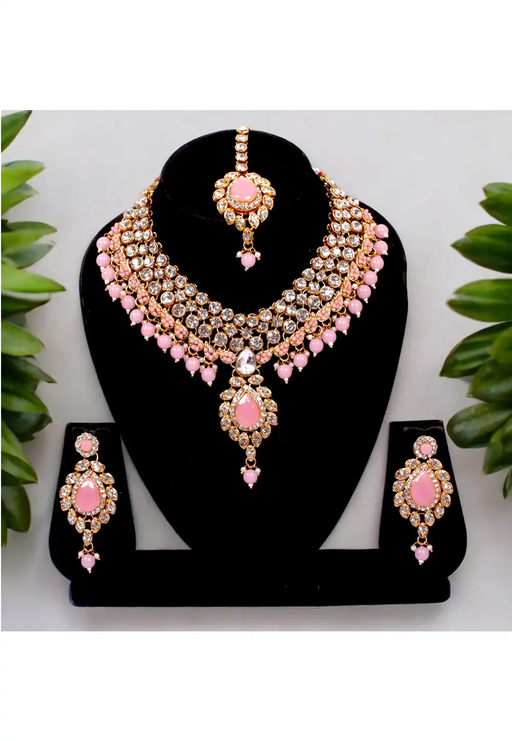 Pink Alloy Austrian Diamonds and Kundan Necklace Set With Earrings and Maang Tikka 292933