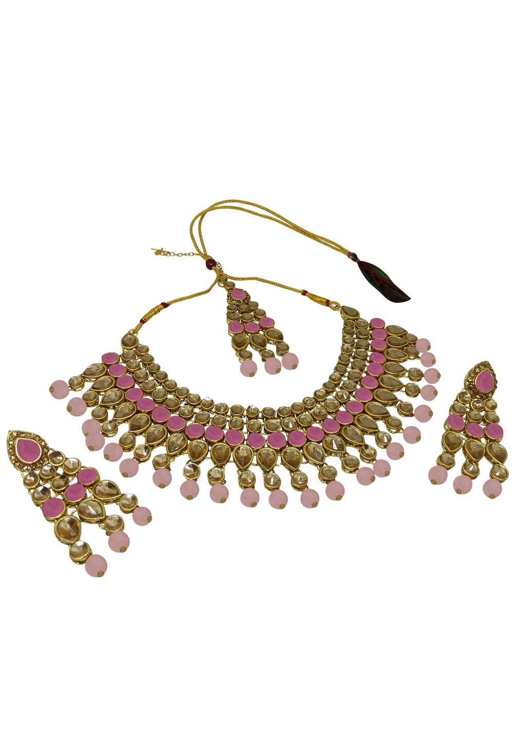 Pink Alloy Austrian Diamonds and Kundan Necklace Set With Earrings and Maang Tikka 280094