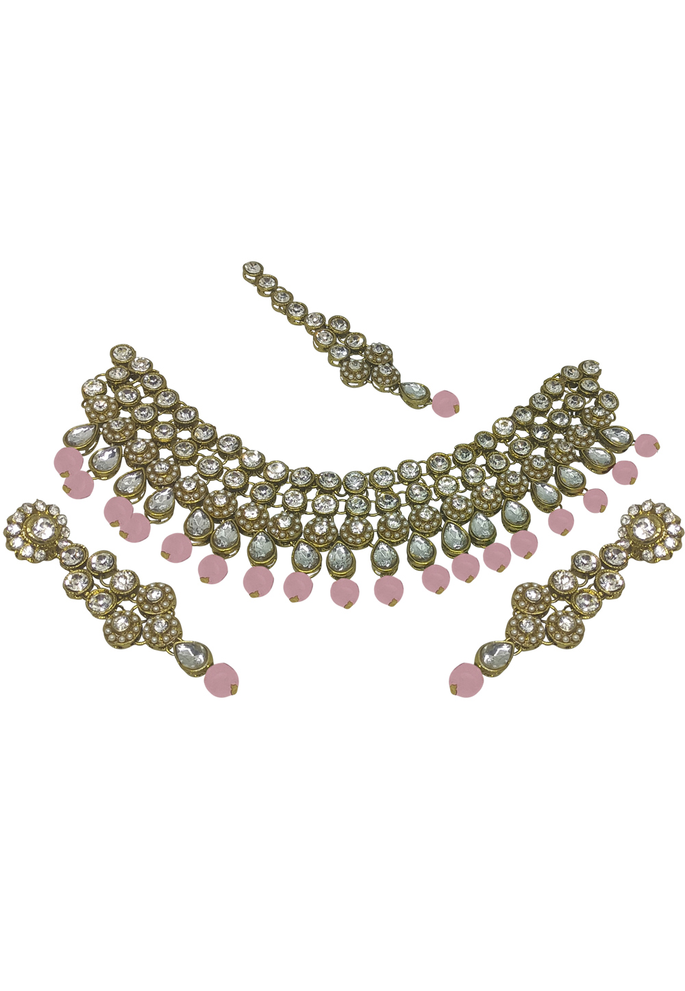 Pink Alloy Austrian Diamonds and Kundan Necklace Set With Earrings and Maang Tikka 280121