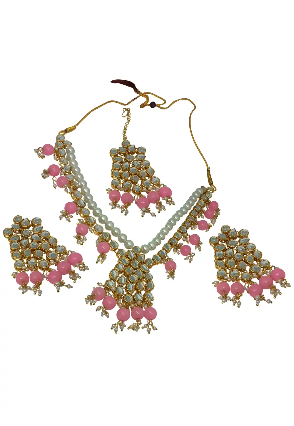 Pink Alloy Austrian Diamonds and Kundan Necklace Set With Earrings and Maang Tikka 289897