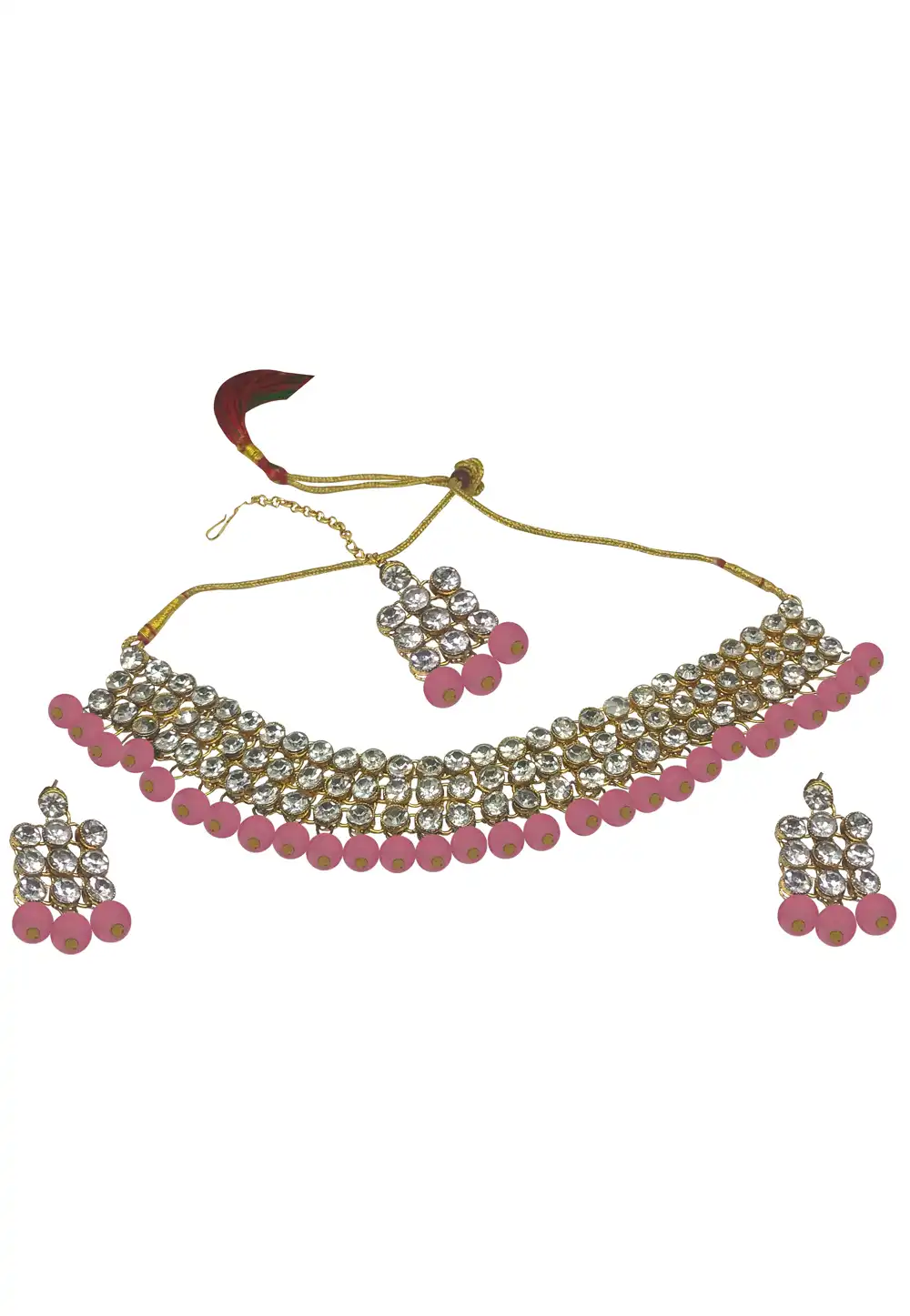 Pink Alloy Austrian Diamonds and Kundan Necklace Set With Earrings and Maang Tikka 289939