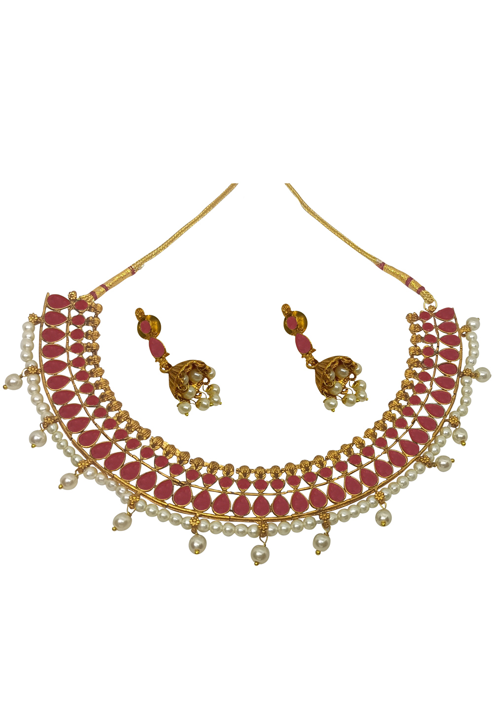 Pink Alloy Austrian Diamonds and Kundan Necklace With Earrings 280115