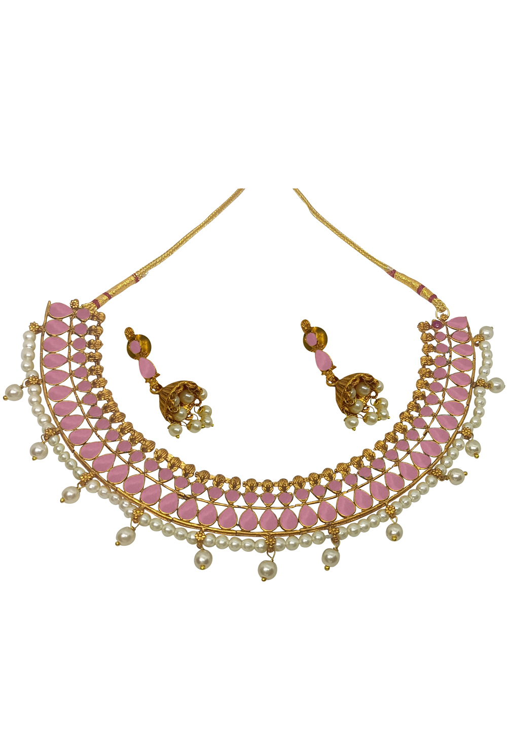 Pink Alloy Austrian Diamonds and Kundan Necklace With Earrings 280117