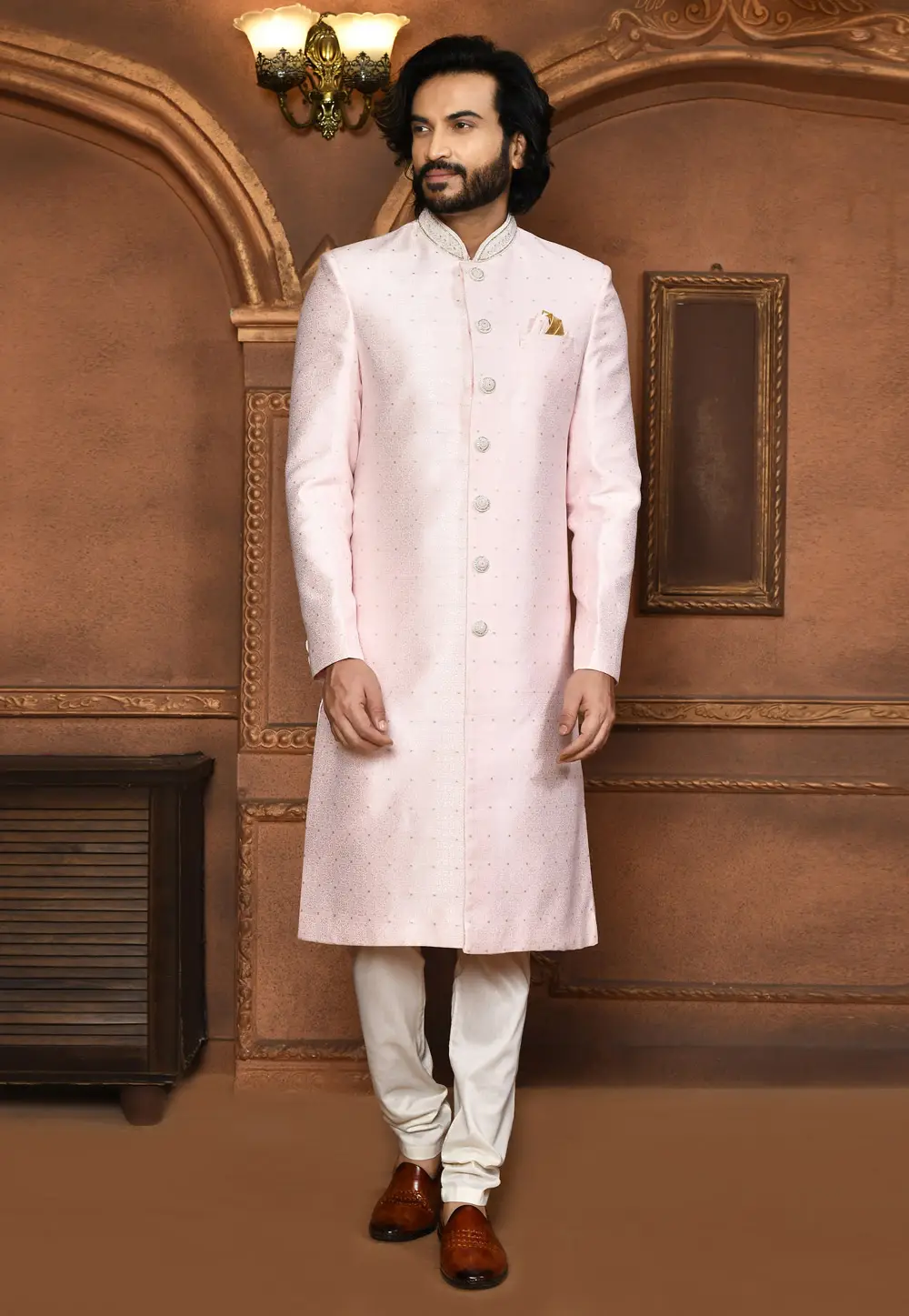 Pink Art Silk Achkan Style Sherwani 295453