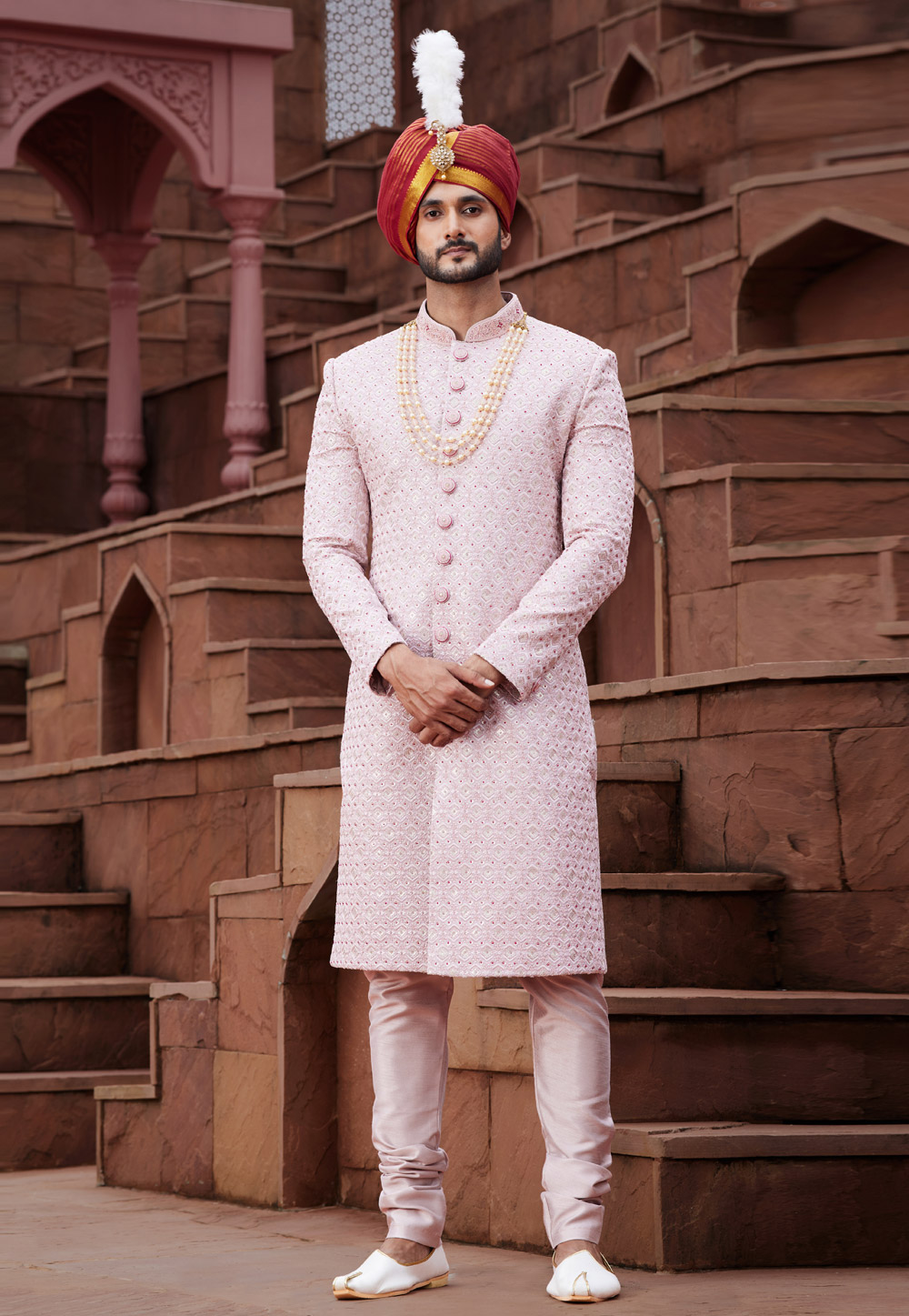 Pink Art Silk Achkan Style Sherwani With Stole 280127