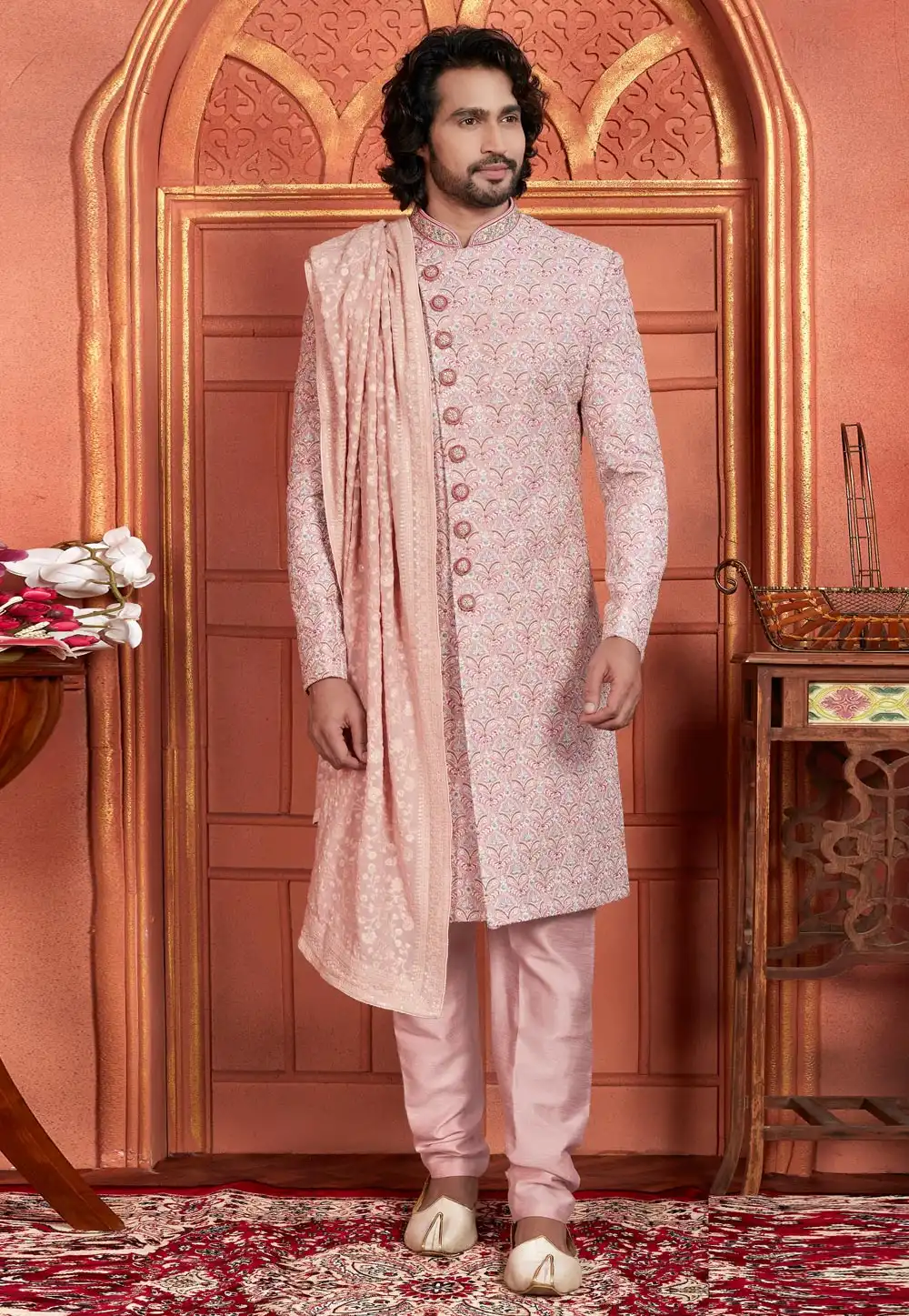 Pink Art Silk Achkan Style Sherwani With Stole 291301