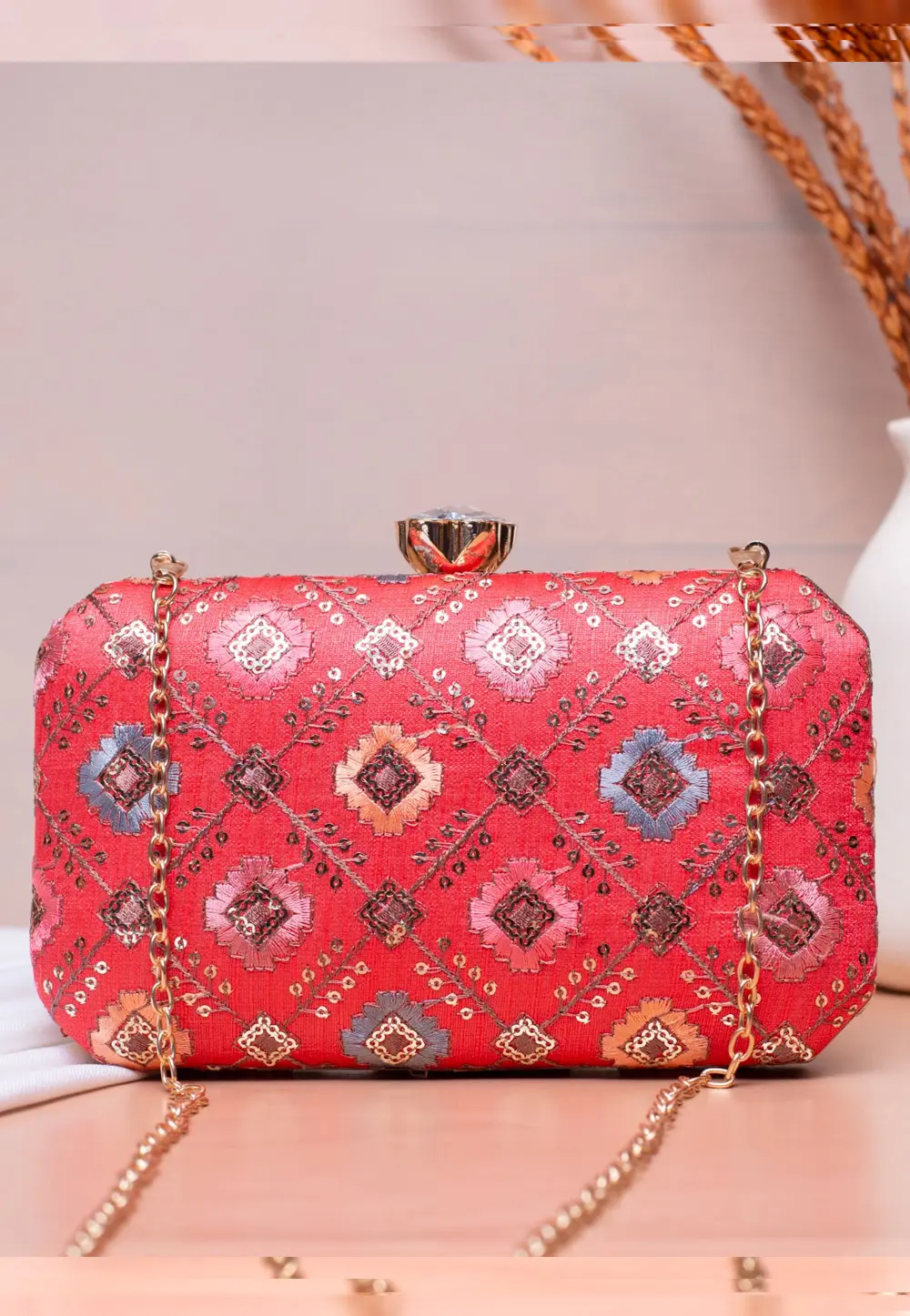 Pink Art Silk Clutch 300006