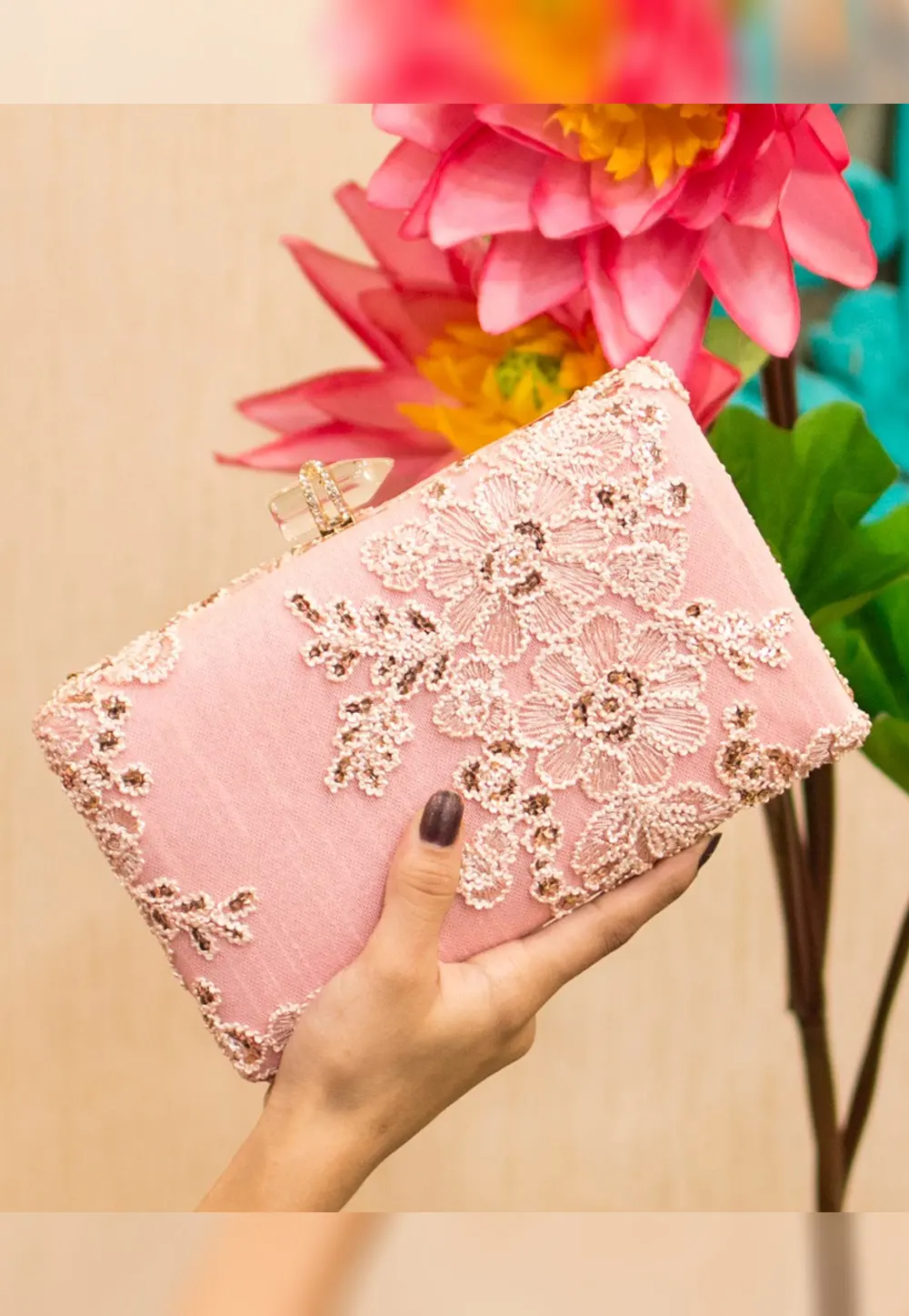 Pink Art Silk Clutch 300980