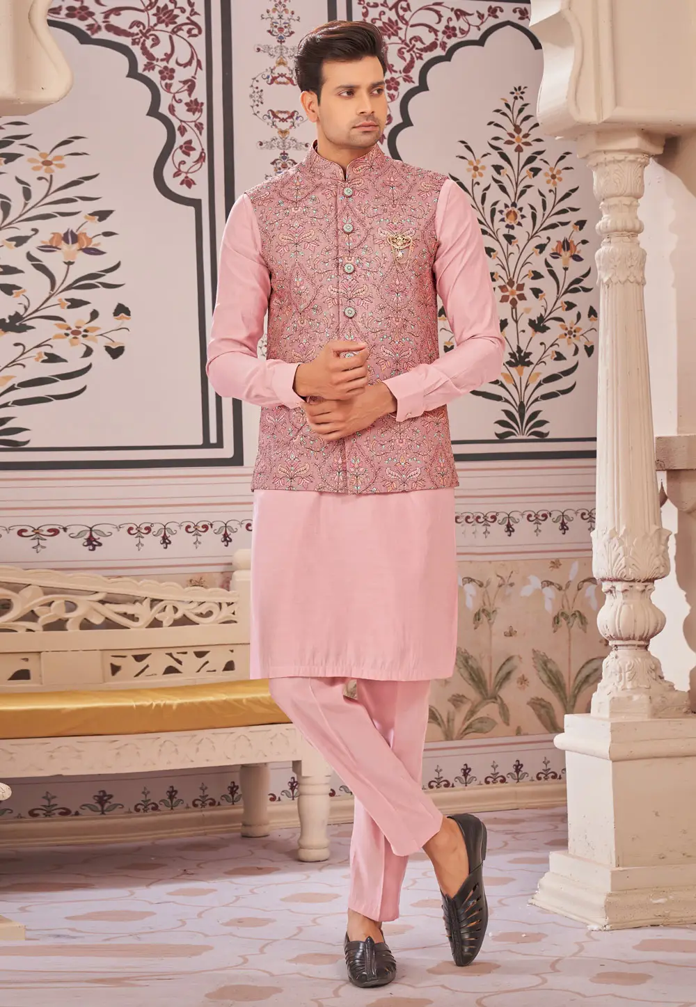 Pink Art Silk Kurta Pajama With Jacket 296617