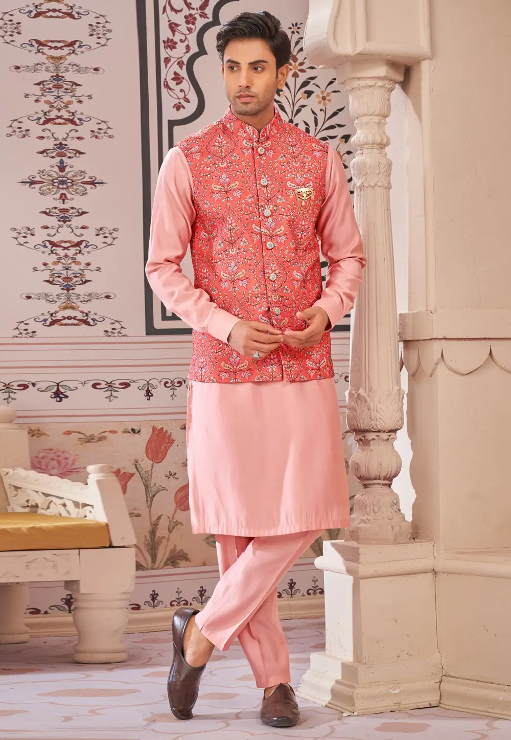 Pink Art Silk Kurta Pajama With Jacket 296619