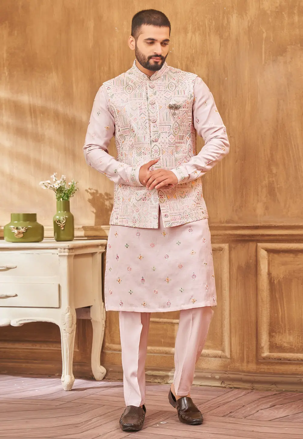 Pink Art Silk Kurta Pajama With Jacket 296647