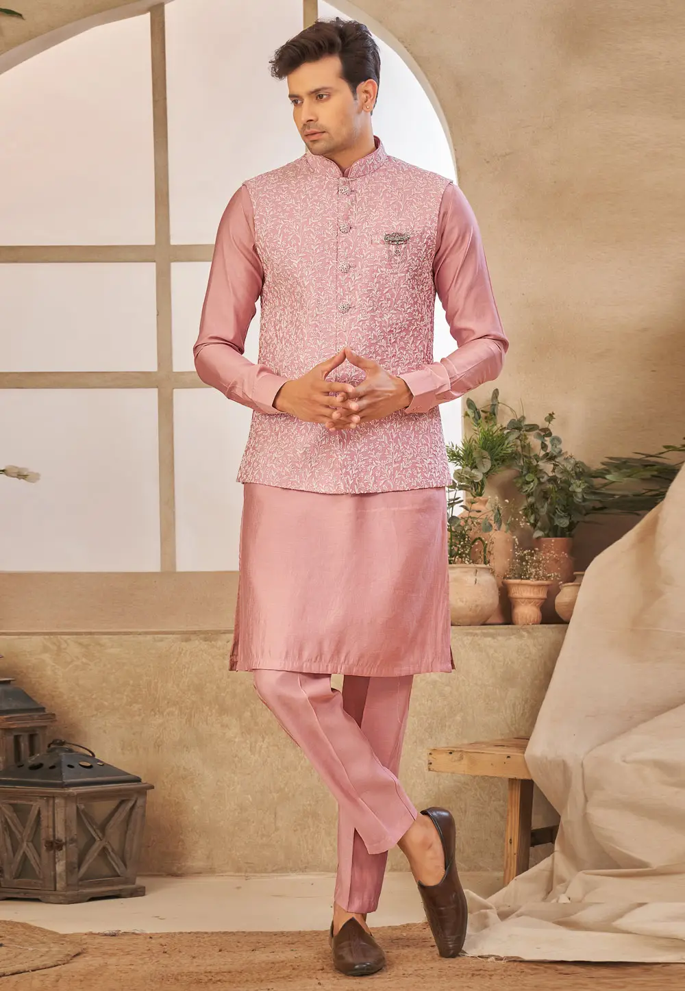 Pink Art Silk Kurta Pajama With Jacket 296650