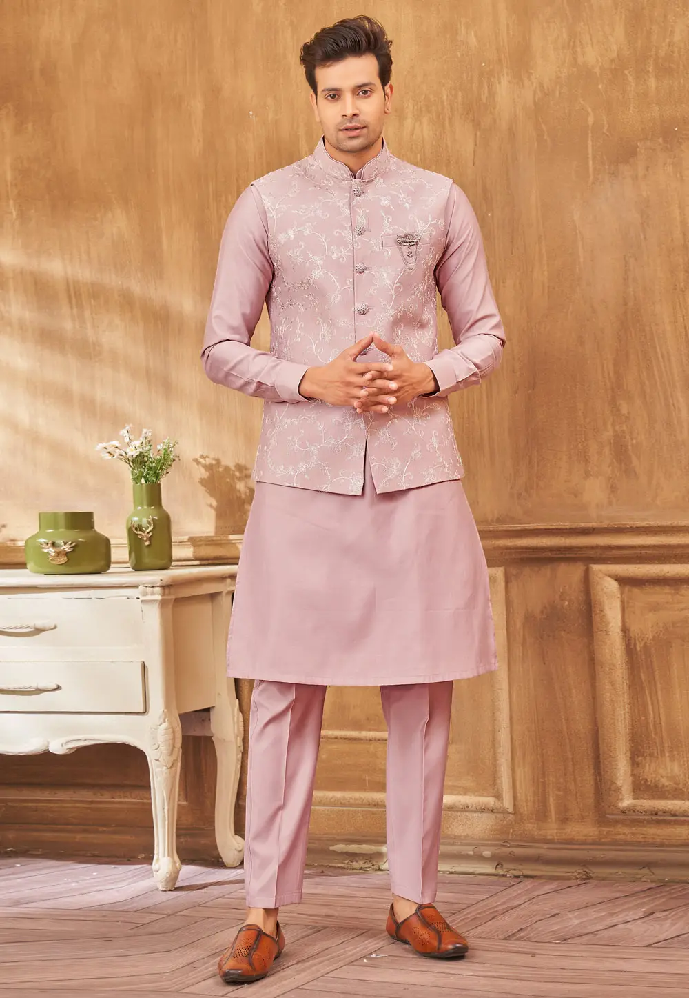 Pink Art Silk Kurta Pajama With Jacket 296663