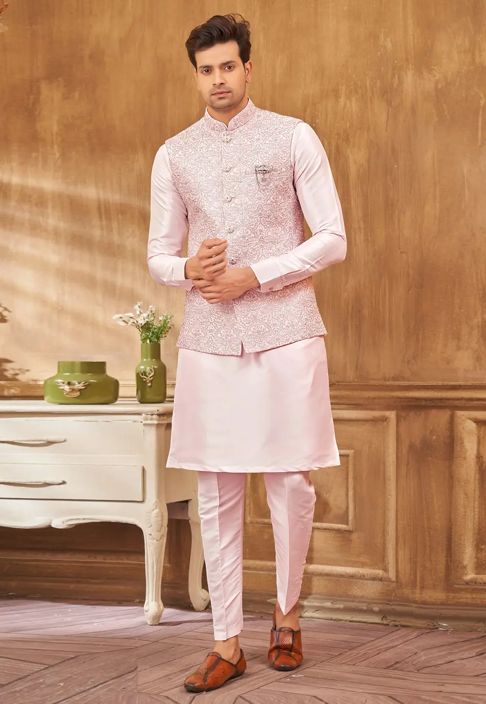 Pink Art Silk Kurta Pajama With Jacket 296665