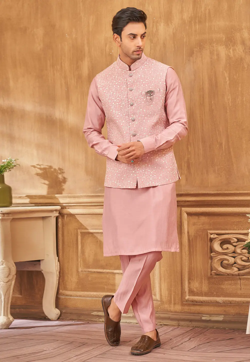 Pink Art Silk Kurta Pajama With Jacket 296671