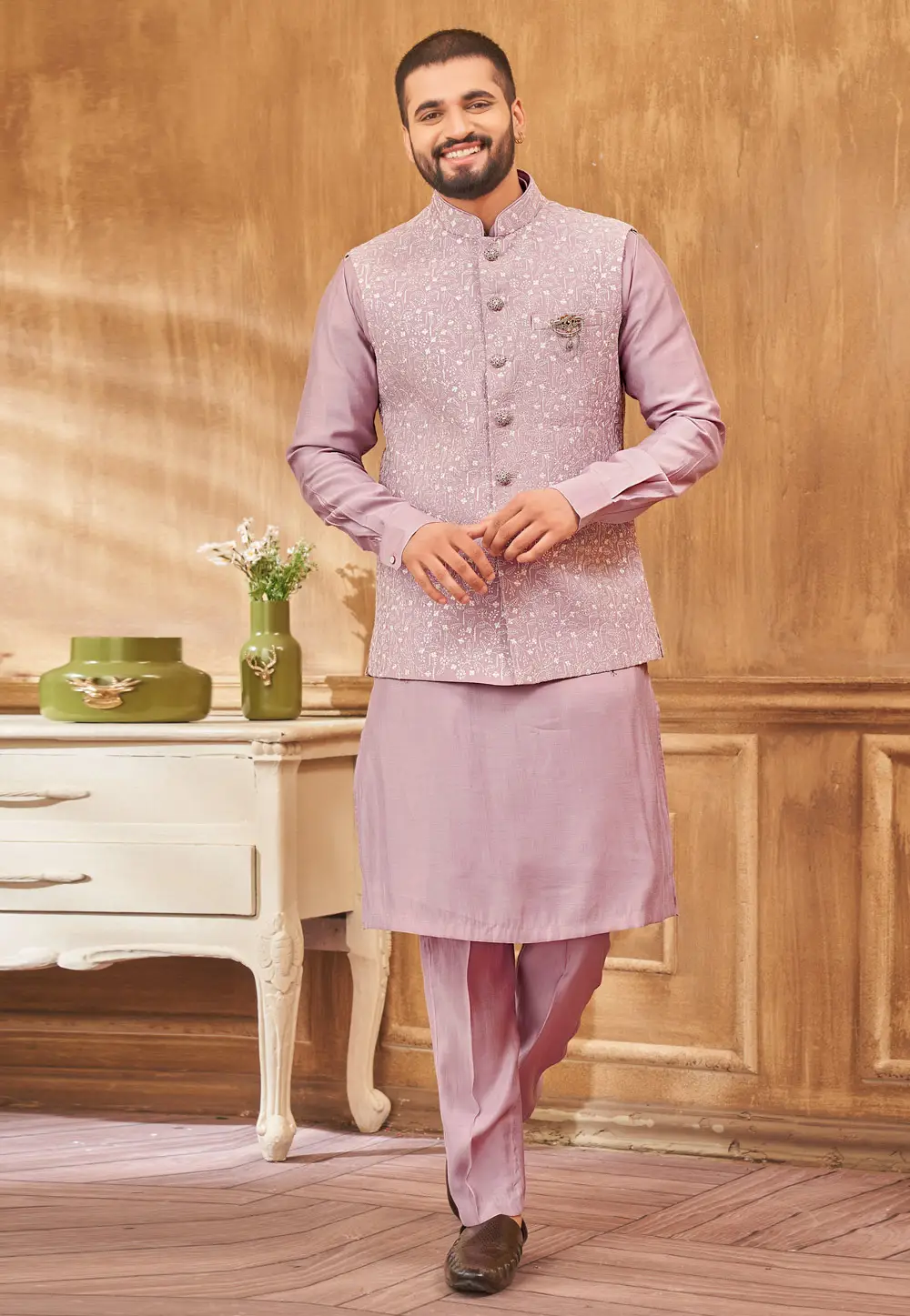 Pink Art Silk Kurta Pajama With Jacket 296672