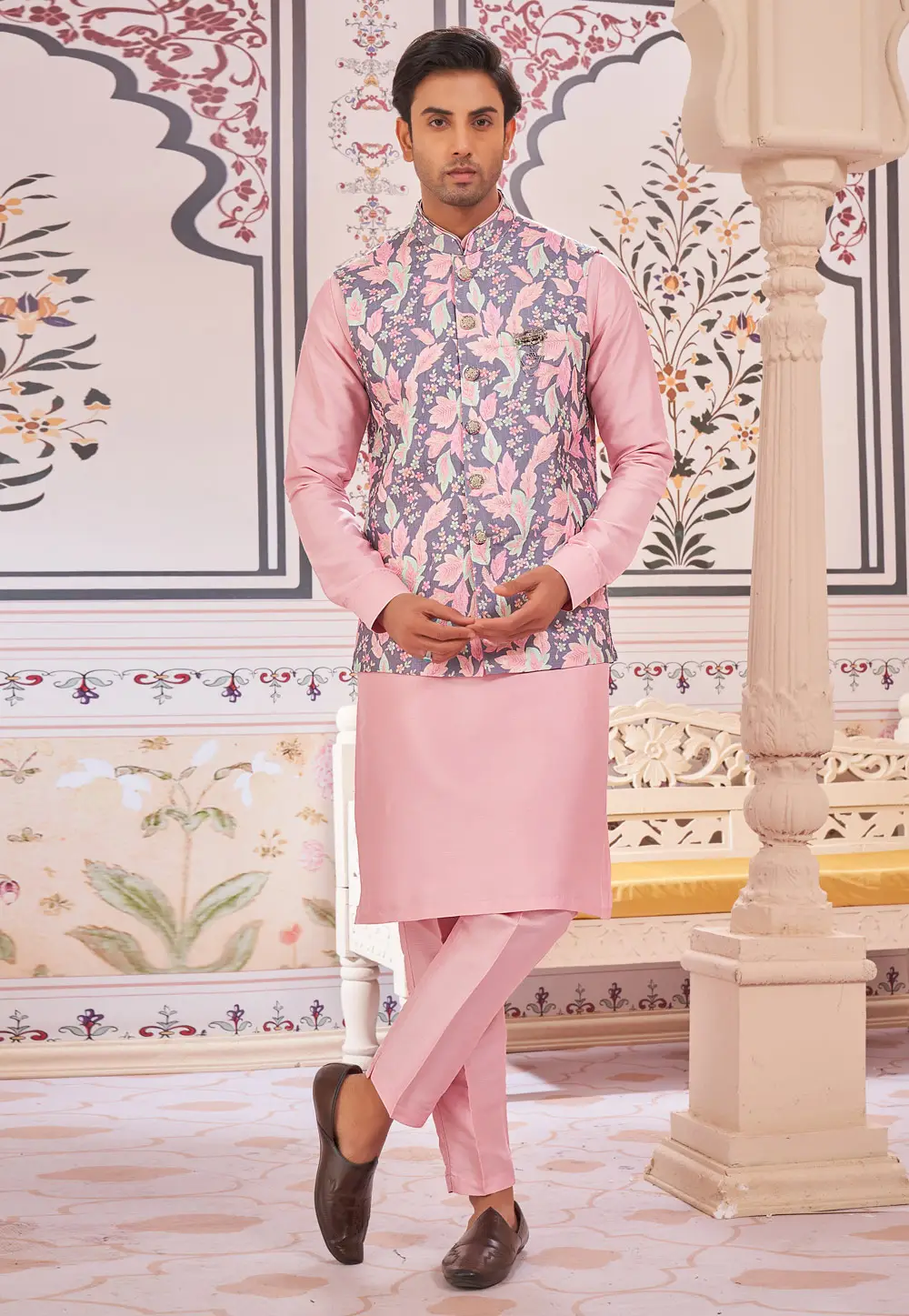 Pink Art Silk Kurta Pajama With Jacket 296709