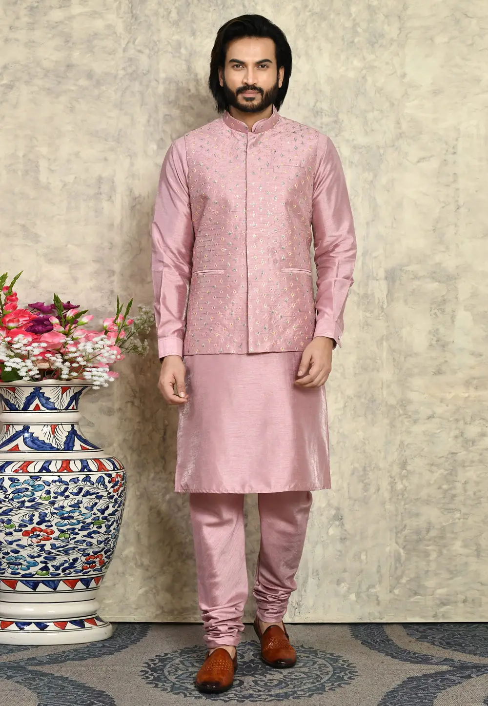 Pink Art Silk Kurta Pajama With Jacket 295435