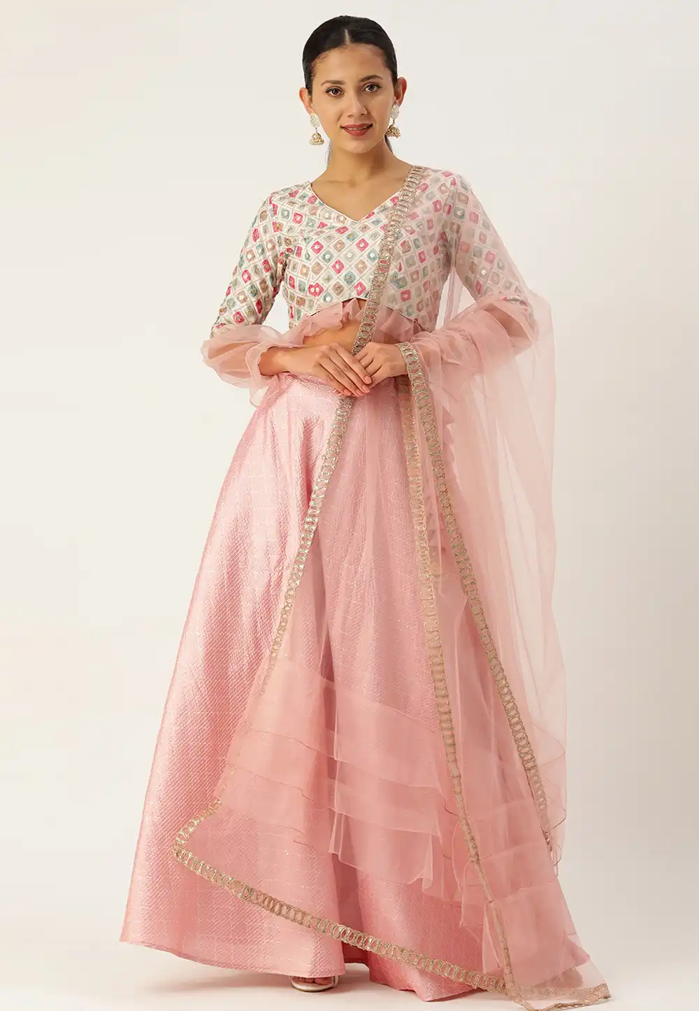 Pink Art Silk Readymade A Line Lehenga Choli 289167