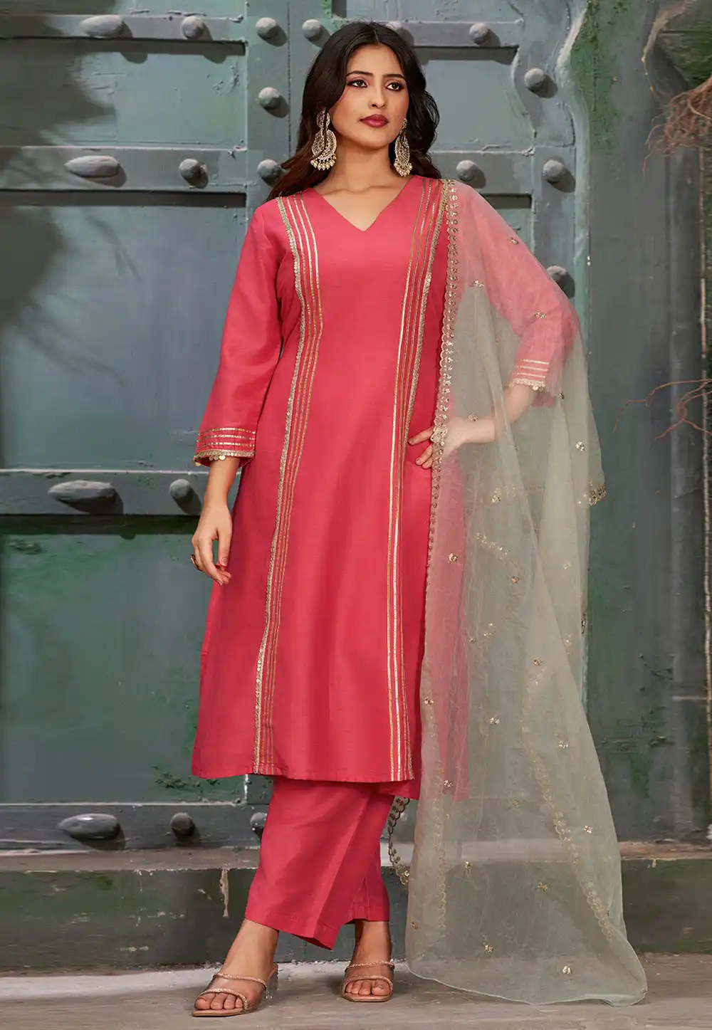 Pink Art Silk Readymade Palazzo Suit 294190