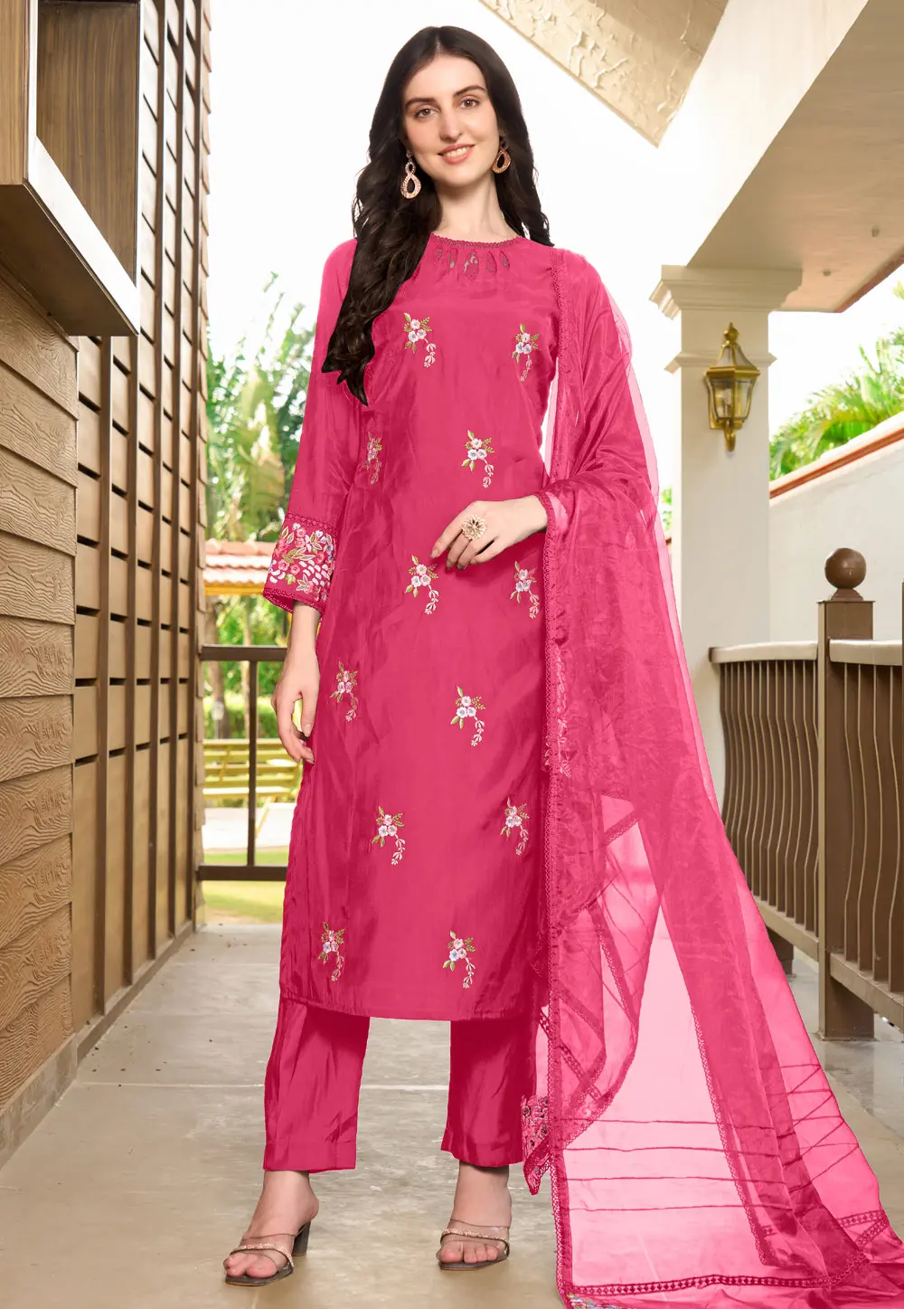 Pink Art Silk Readymade Pant Style Suit 303318