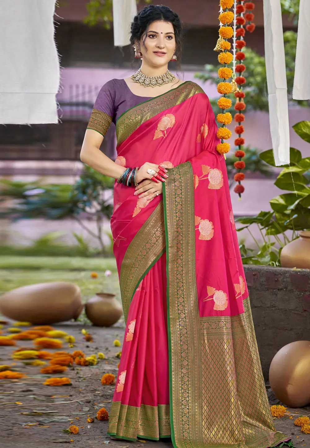 Pink Art Silk Saree With Blouse 303101