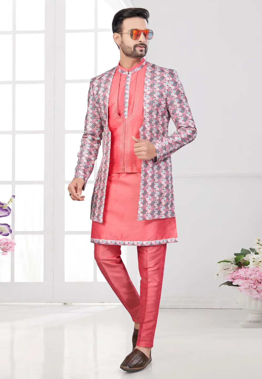 Pink Banarasi Silk Indo Western Suit 295621