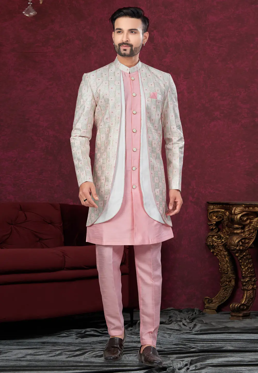 Pink Banarasi Silk Indo Western Suit 295626