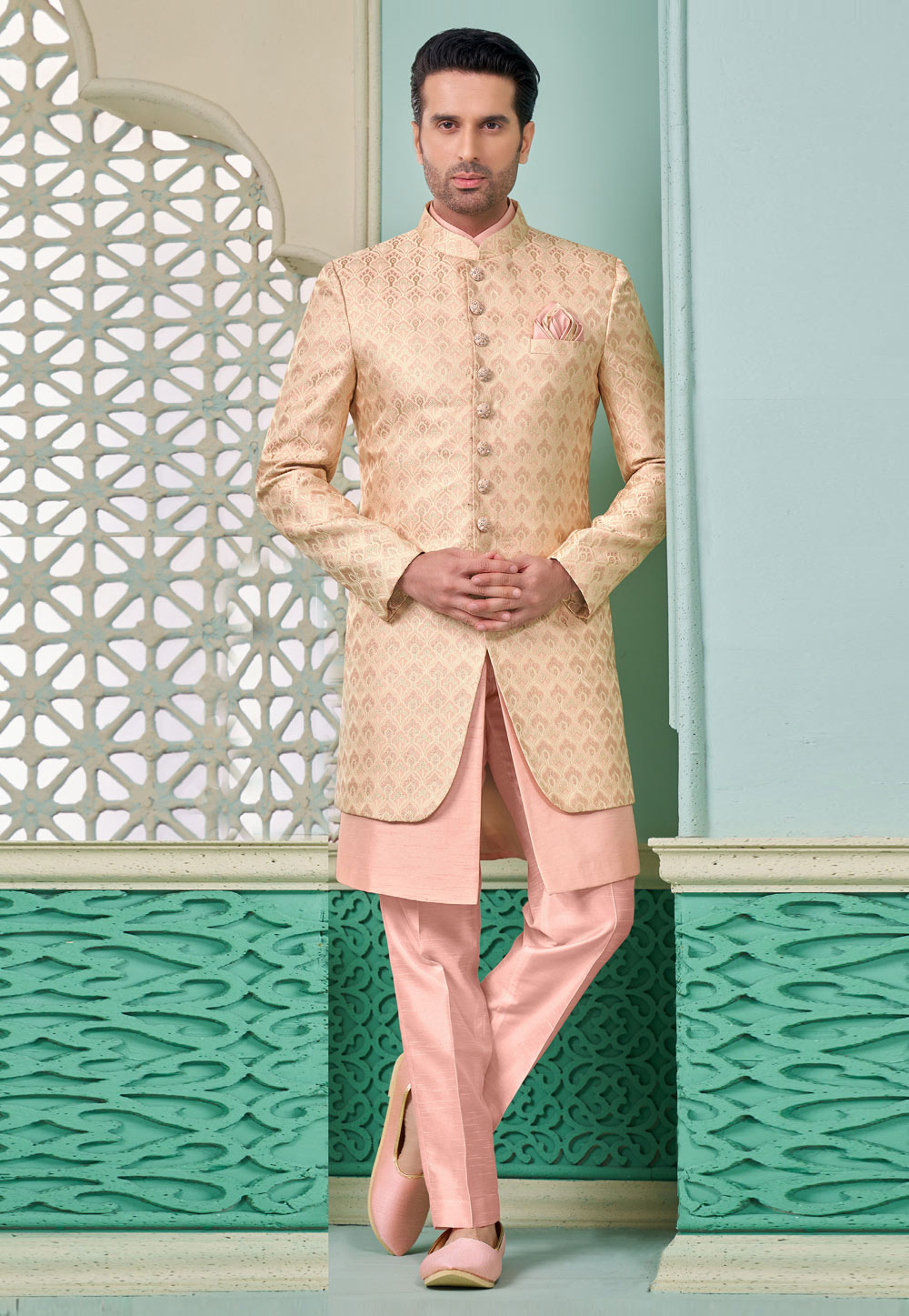 Pink Banarasi Silk Jacket Style Sherwani 285356