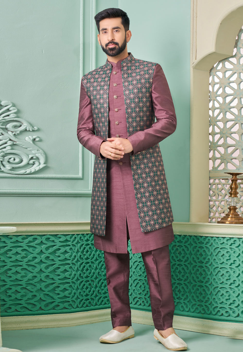 Pink Banarasi Silk Jacket Style Sherwani 285358