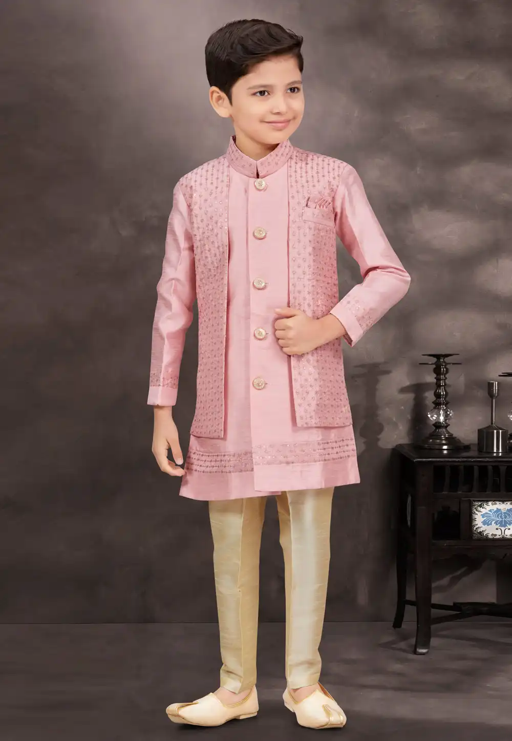 Pink Banarasi Silk Kids Indo Western Suit 292982