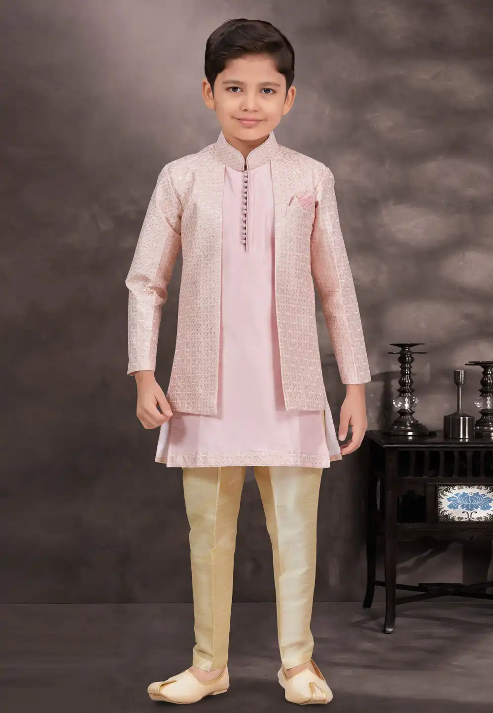 Pink Banarasi Silk Kids Indo Western Suit 292985