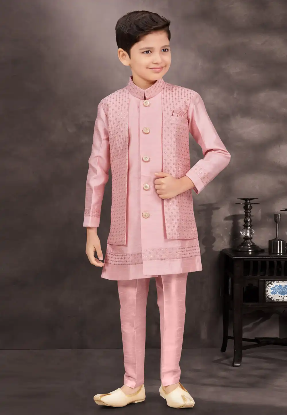 Pink Banarasi Silk Kids Indo Western Suit 294961