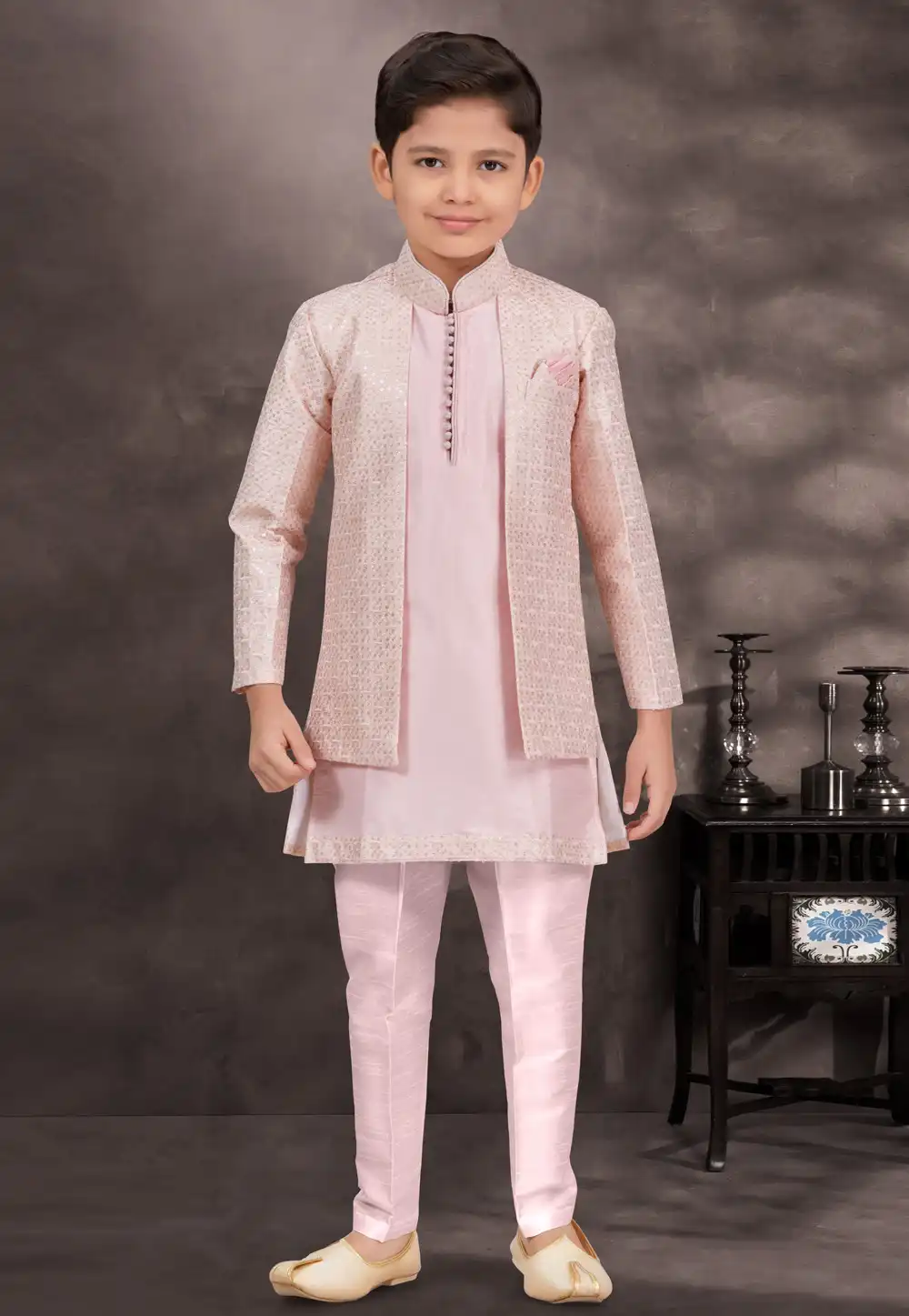 Pink Banarasi Silk Kids Indo Western Suit 294964