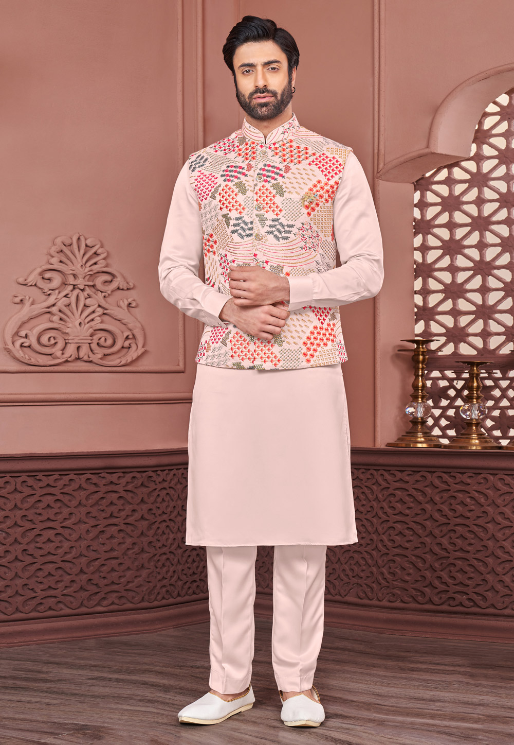 Pink Banarasi Silk Kurta Pajama With Jacket 278257