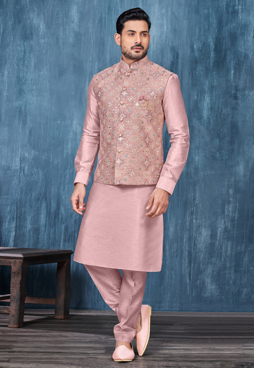Pink Banarasi Silk Kurta Pajama With Jacket 278265