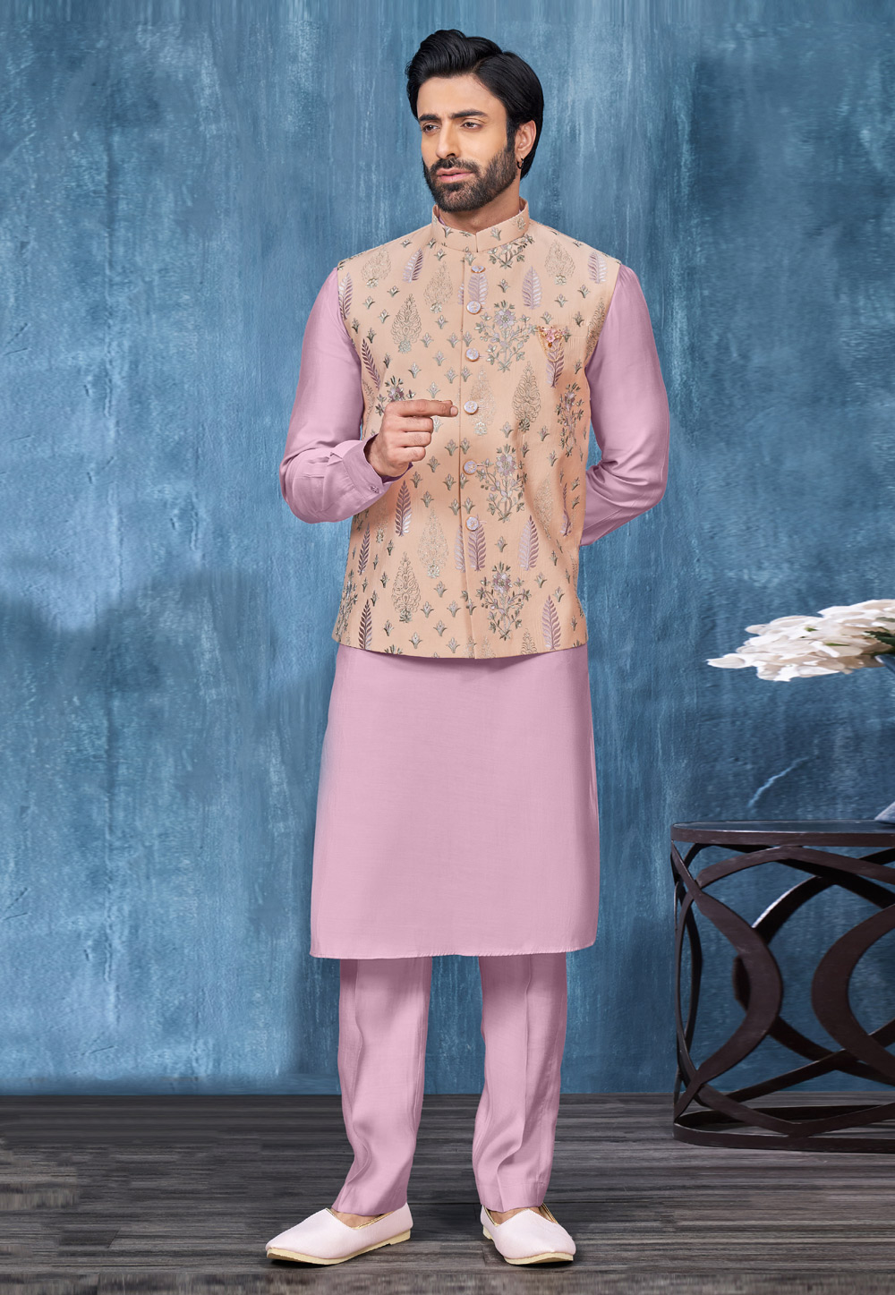Pink Banarasi Silk Kurta Pajama With Jacket 278272