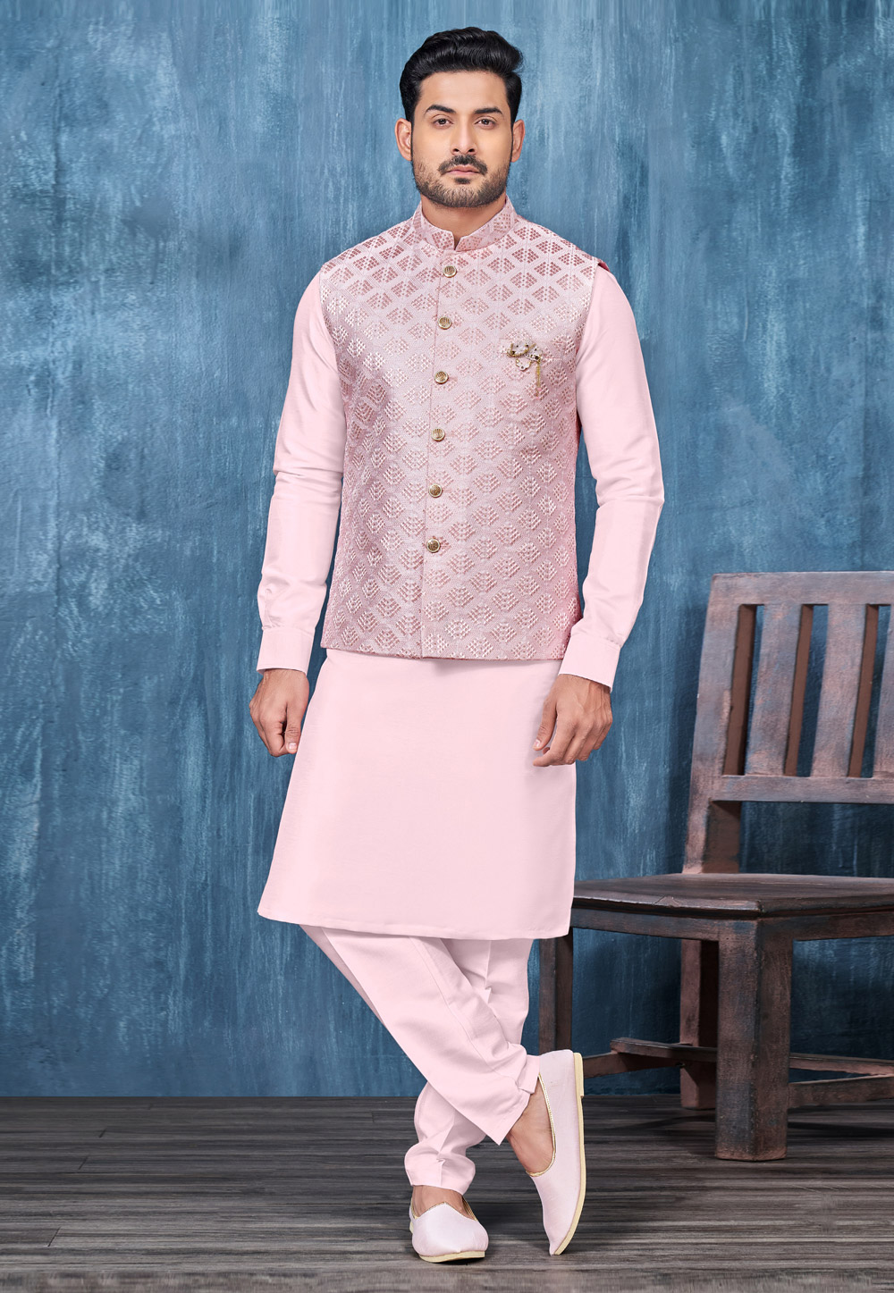 Pink Banarasi Silk Kurta Pajama With Jacket 278283