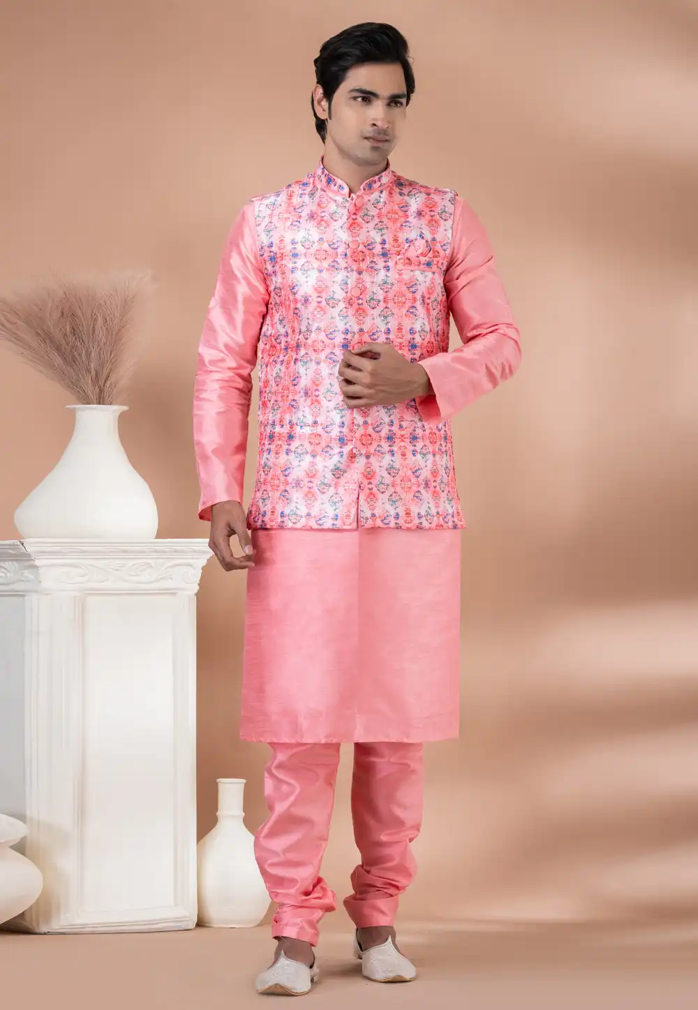 Pink Banarasi Silk Kurta Pajama With Jacket 288698