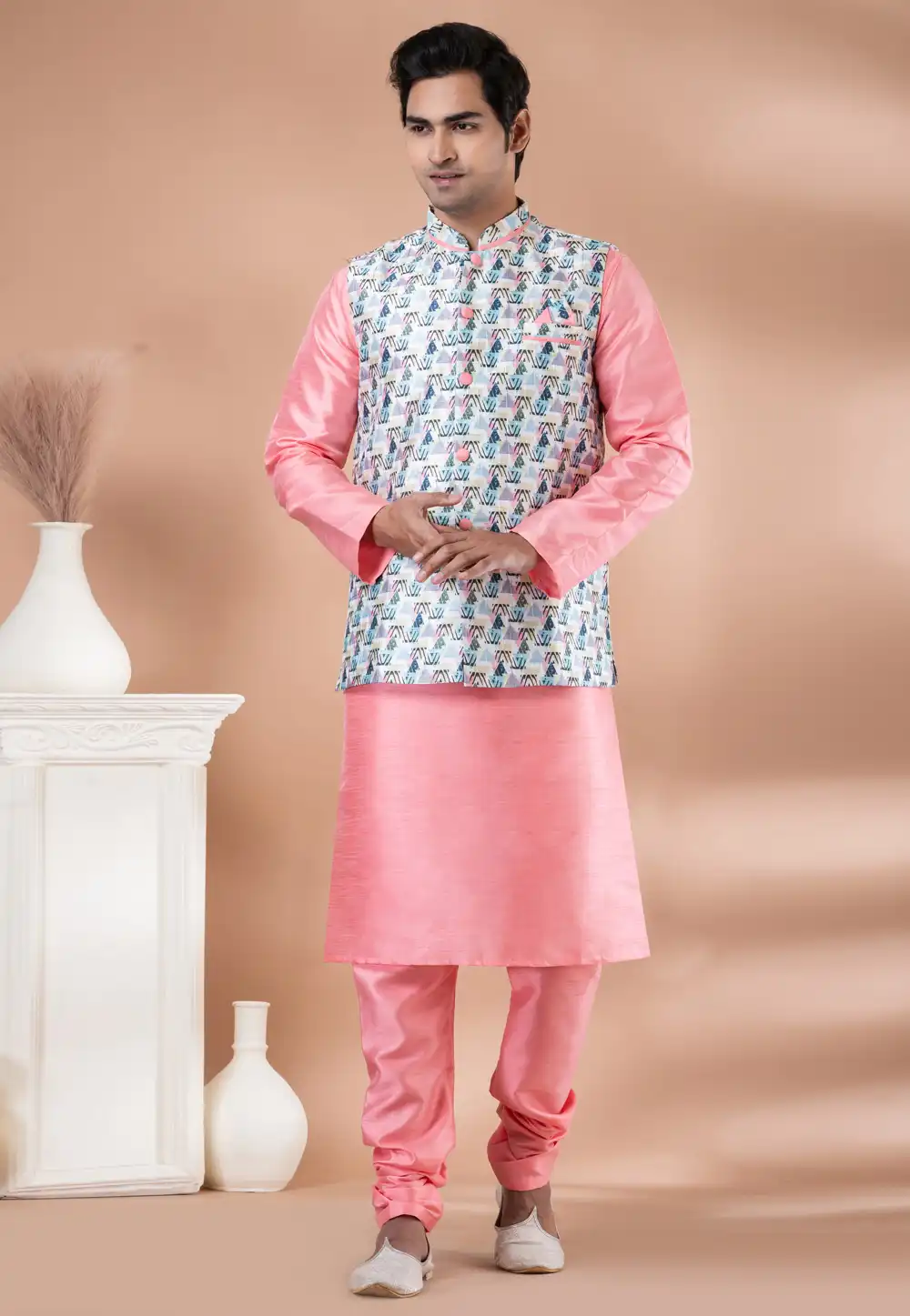 Pink Banarasi Silk Kurta Pajama With Jacket 288700