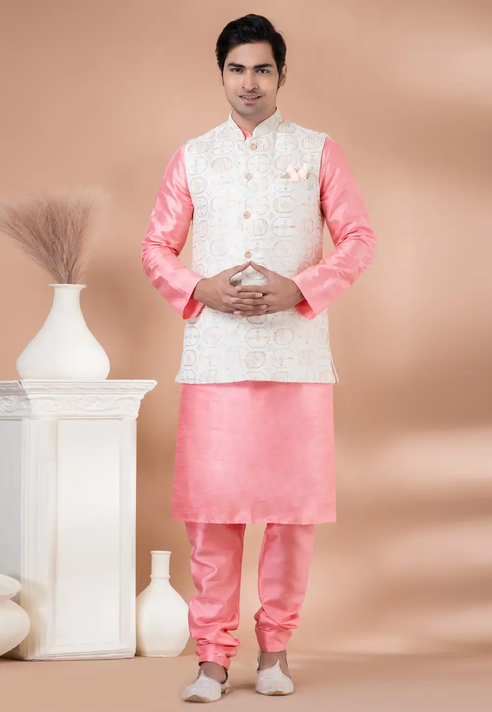 Pink Banarasi Silk Kurta Pajama With Jacket 288702