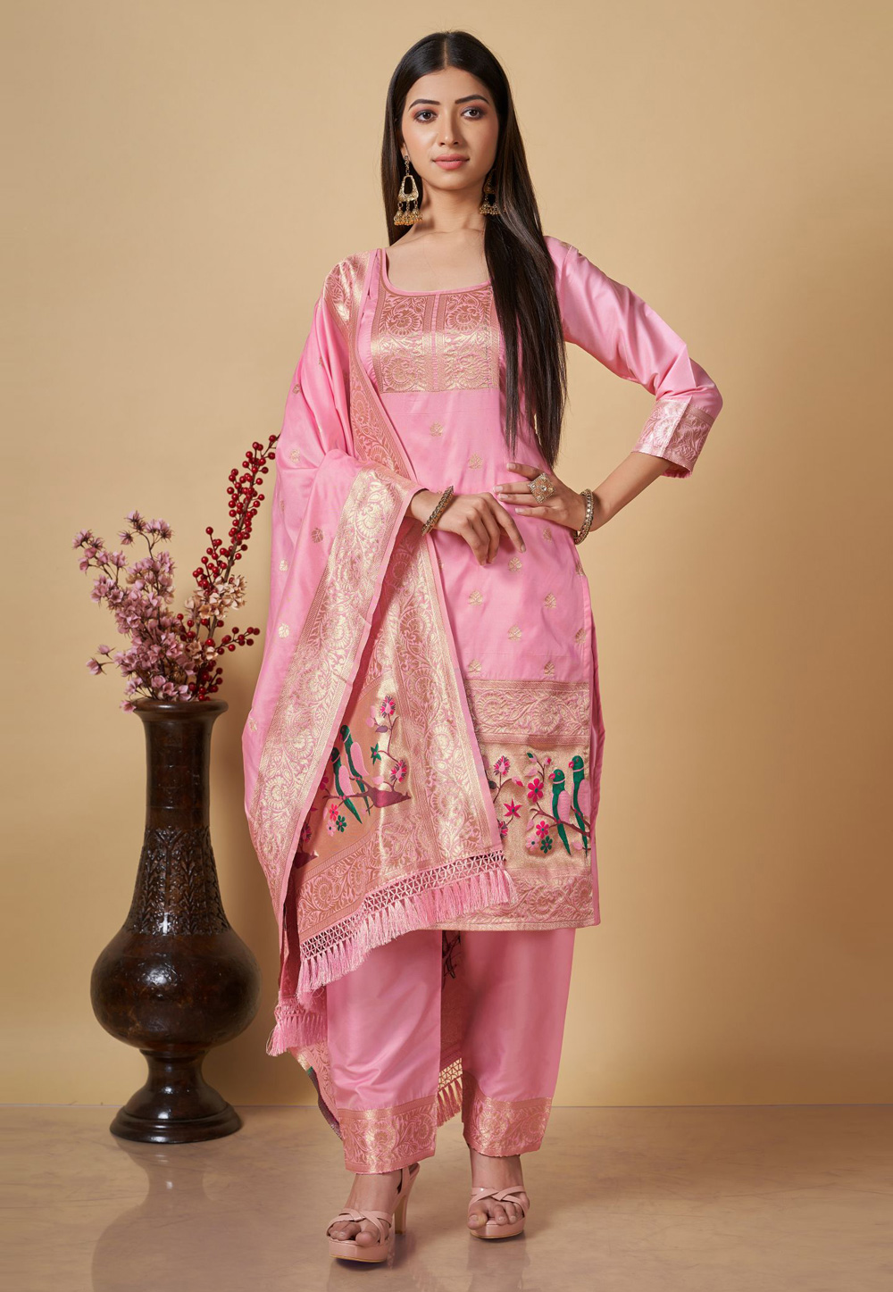 Pink Banarasi Silk Pant Style Suit 285414