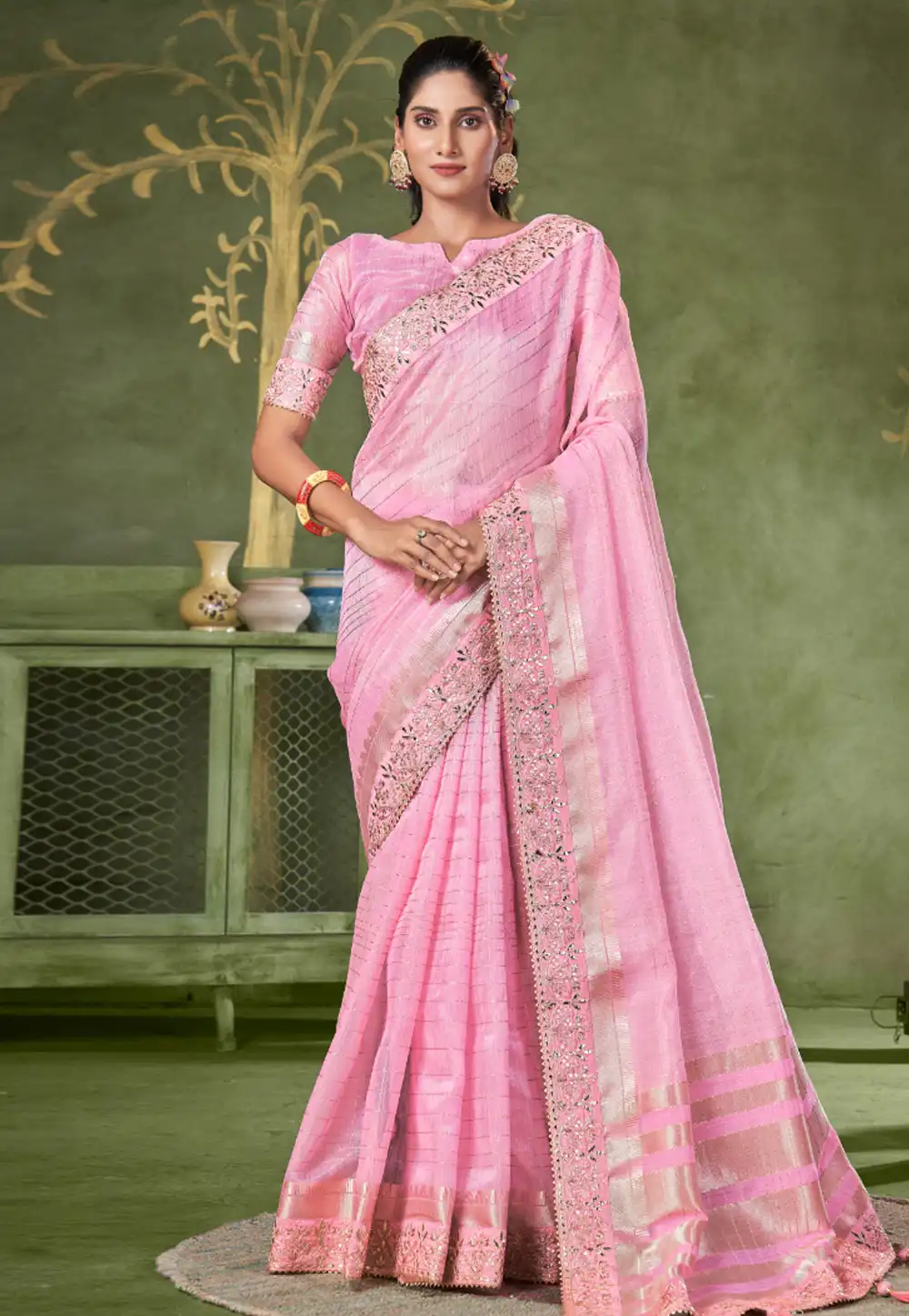 Pink Banarasi Silk Saree 290679