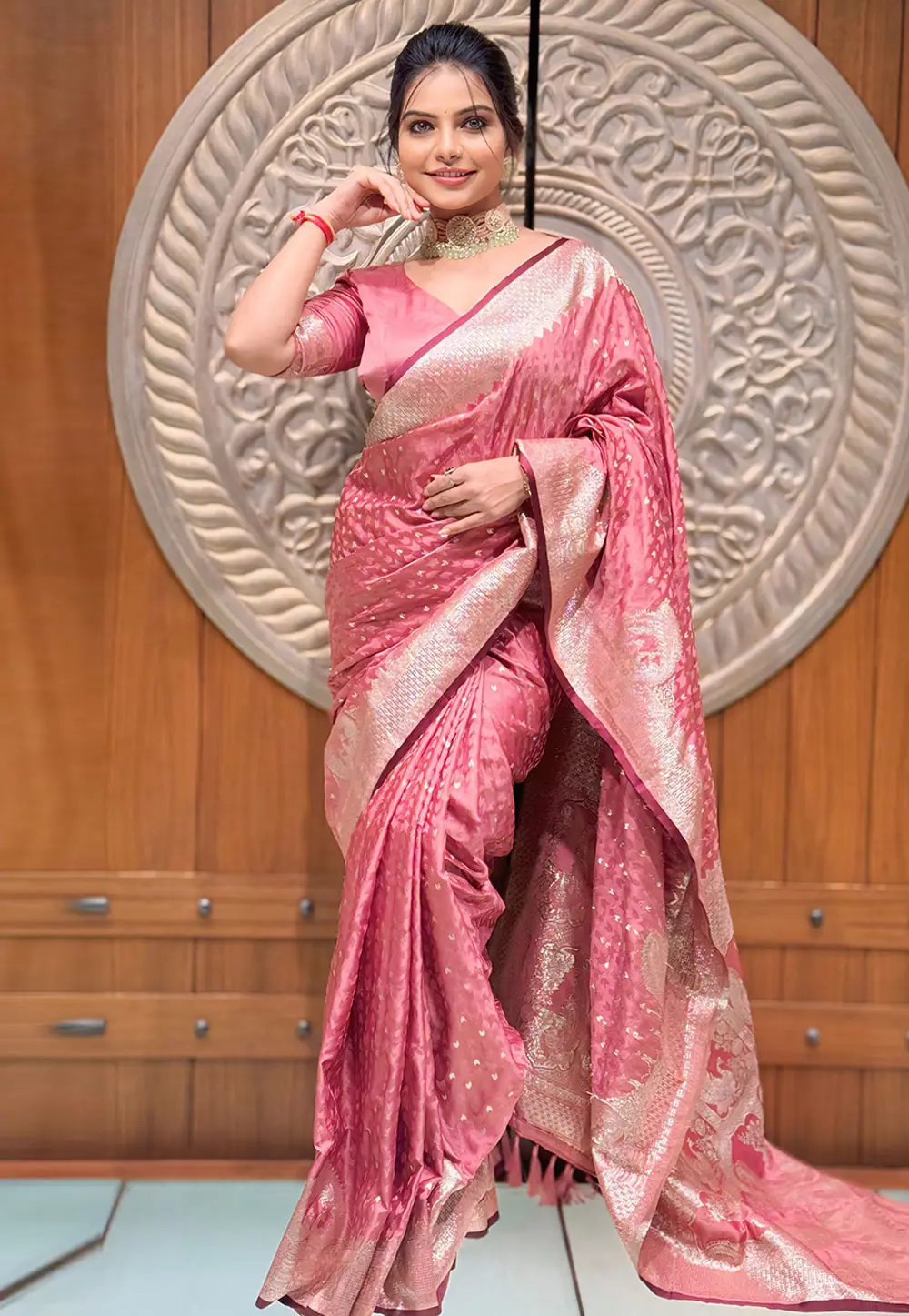 Pink Banarasi Silk Saree 296370