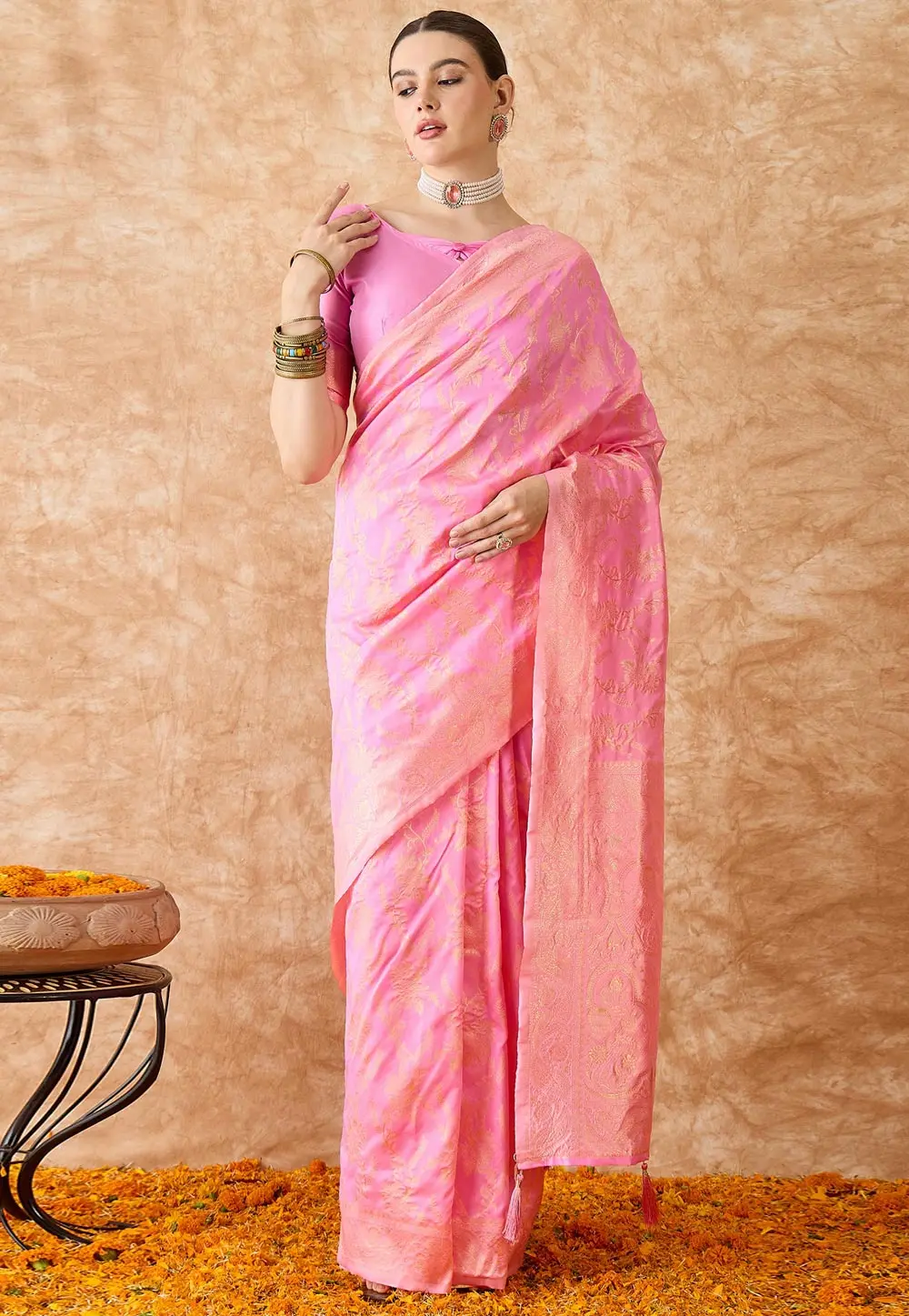 Pink Banarasi Silk Saree 301510