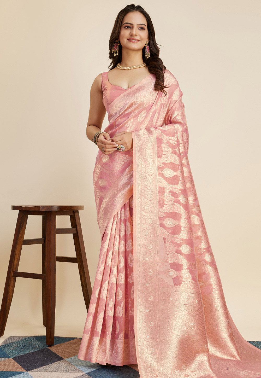 Pink Banarasi Silk Saree With Blouse 280497