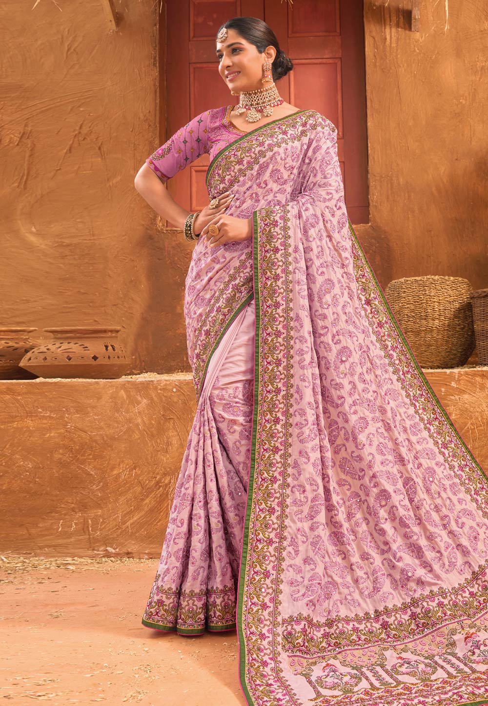 Pink Banarasi Silk Saree With Blouse 281999