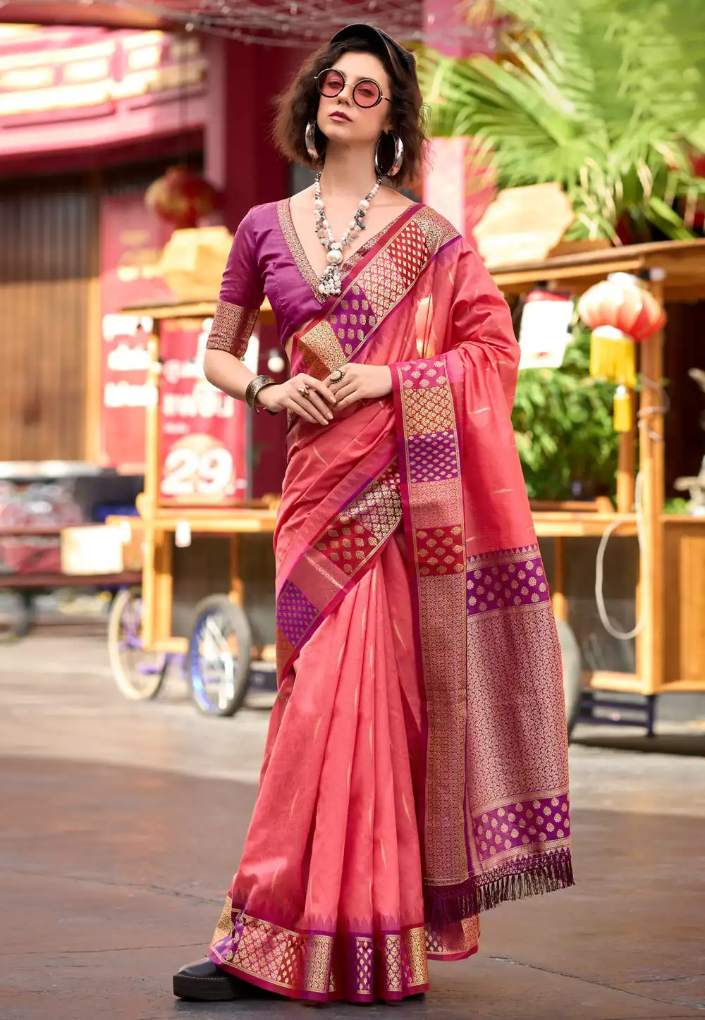 Pink Banarasi Silk Saree With Blouse 293603